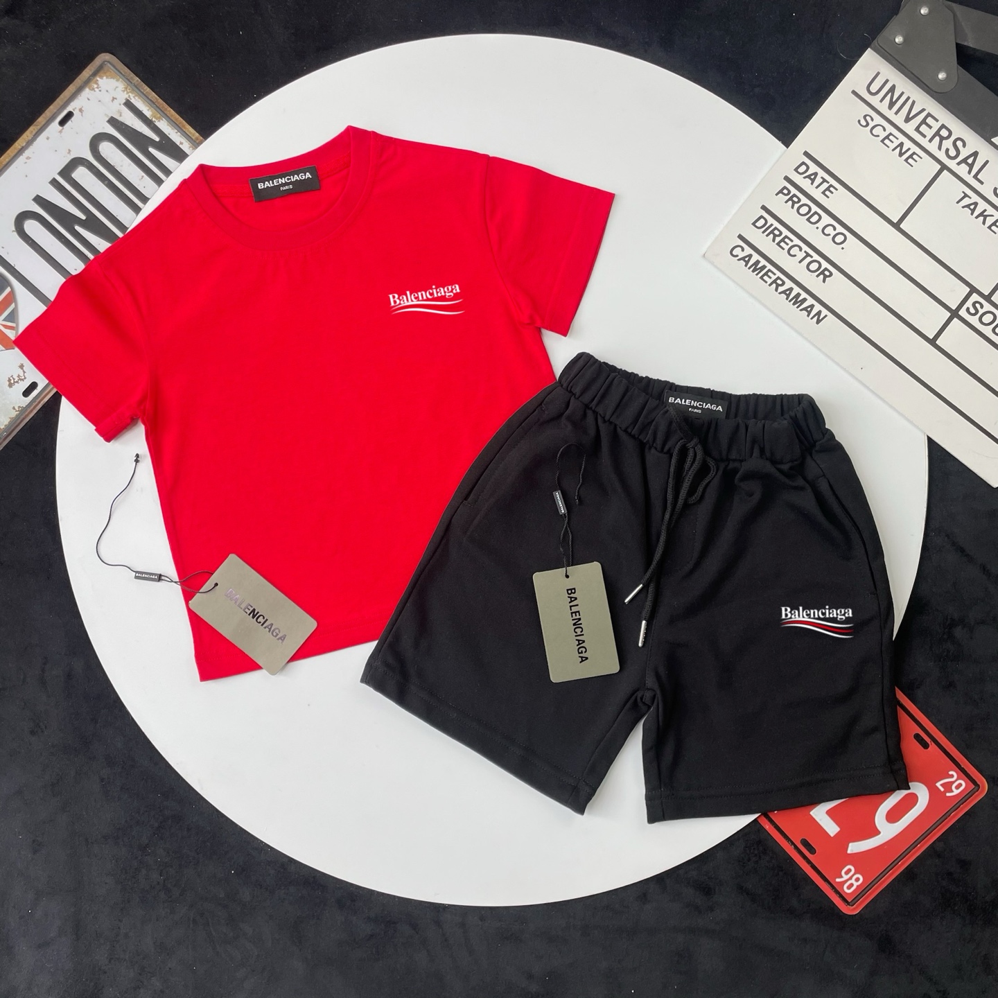 Balenciaga Unisex Kids White Red Wave Logo Short Sleeve T-Shirt & Black Wave Logo Casual Shorts 2 Piece Set Boys Girls Sizes 90-150