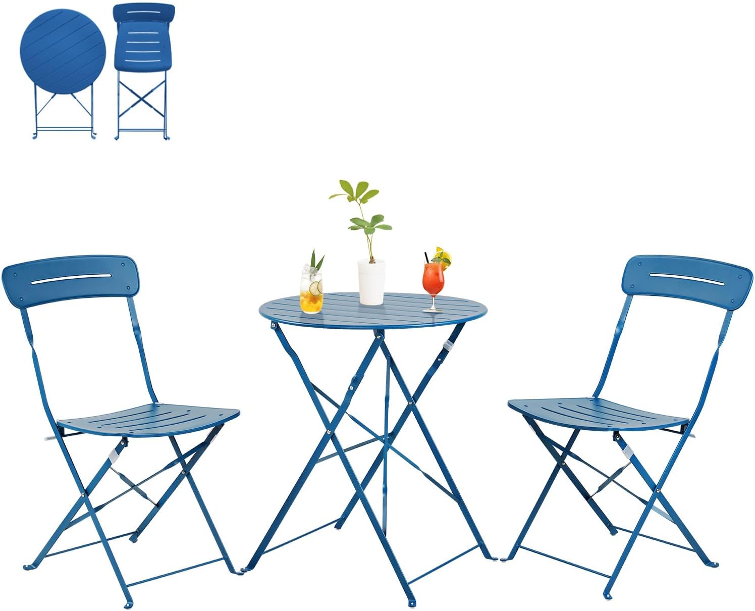 blue folding bistro set outdoor garden table and two chairs metal patio furniture set