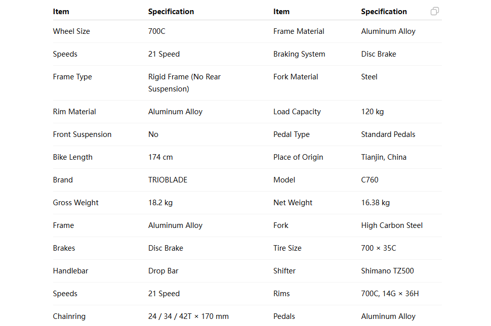Ultra-light 700C road bike with aluminum alloy frame, 21-speed disc brake racing bicycle for adults.

Drop handlebar design of 700C road bike with Shimano shifter, performance racing bicycle cockpit view.

Comfortable ergonomic saddle on lightweight aluminum alloy 700C road bike for long-distance cycling.

700C road bike specifications chart showing aluminum frame, 21-speed drivetrain and disc brake system.