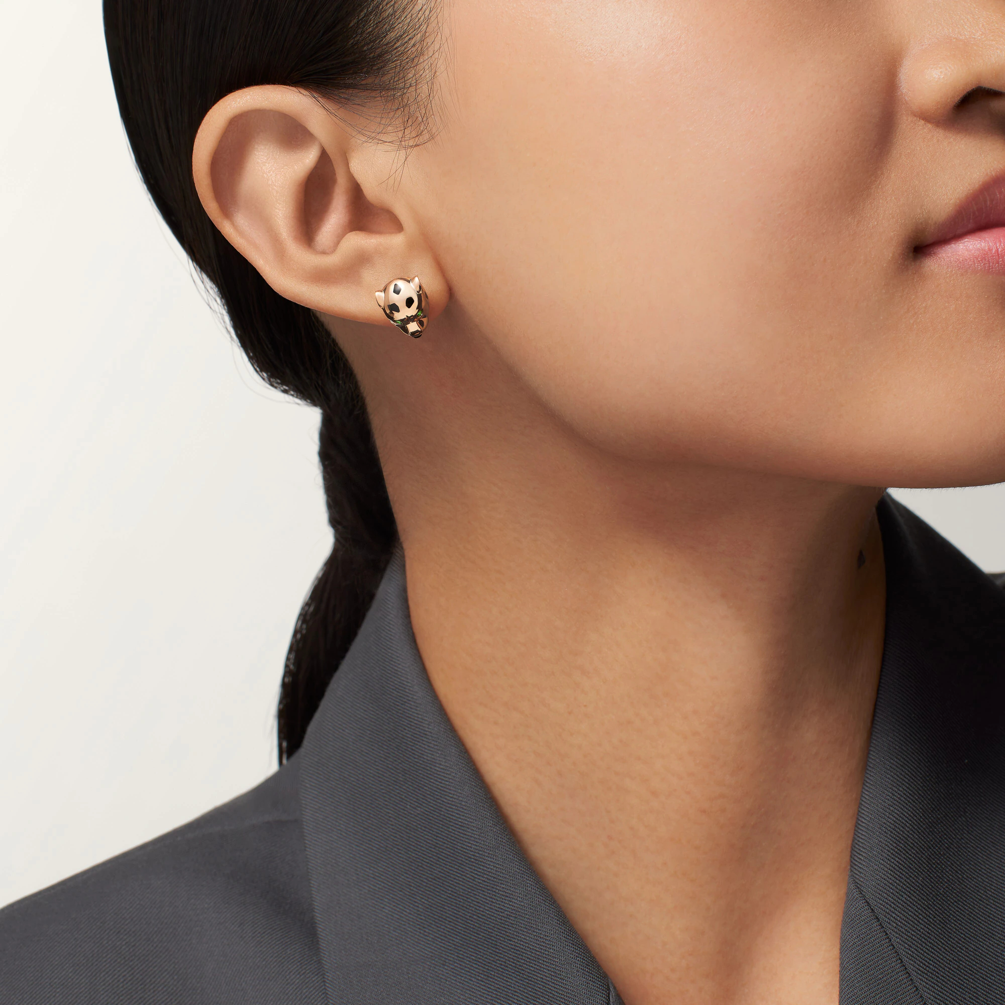 Carty Panther Motif Earrings, Rose Gold, Black lacquer