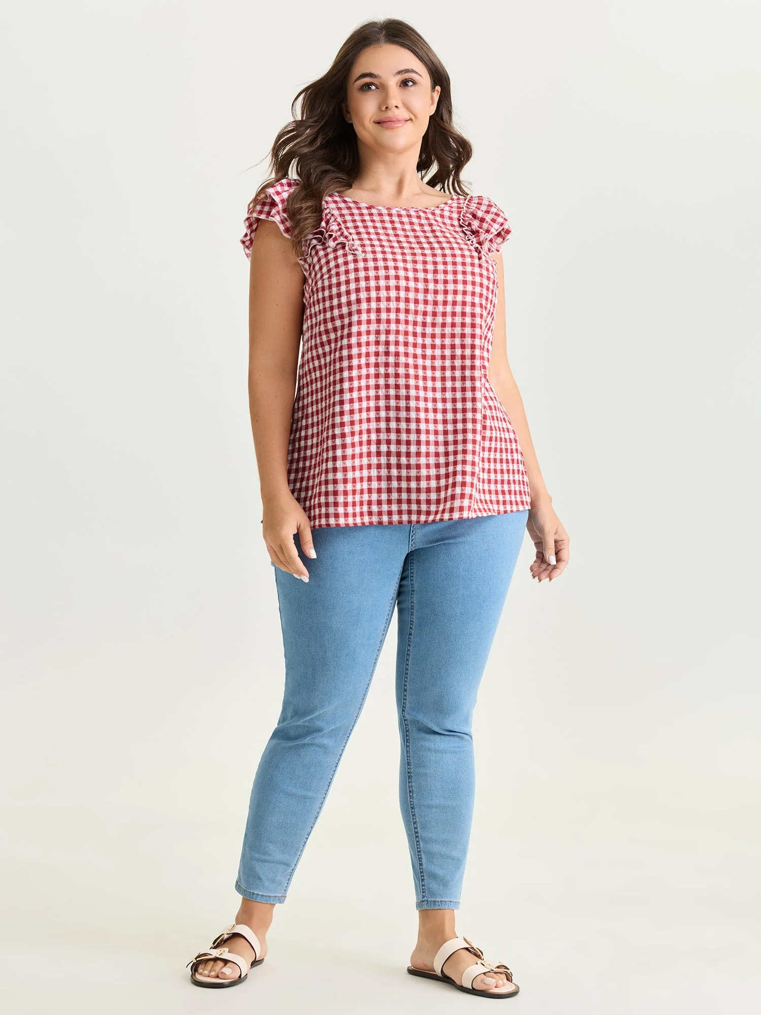 Gingham Print Layered Flutter Sleeve Blouse