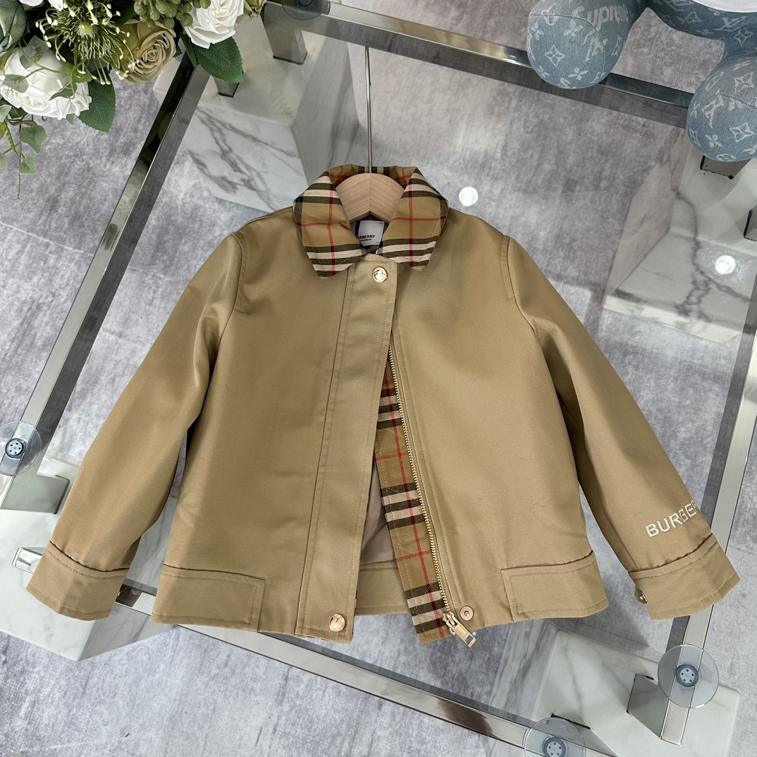 Burberry Unisex Kids Vintage Check Collar Solid Khaki Short Trench Jacket Boys Girls Sizes 100-170