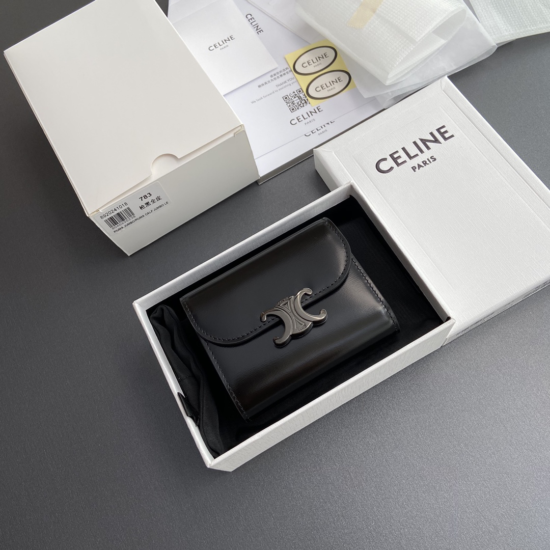 [TOP] CELINE Triomphe Cowhide Leather Short Wallet 10.5×9×3cm - Black&BHW - 711 Luxury