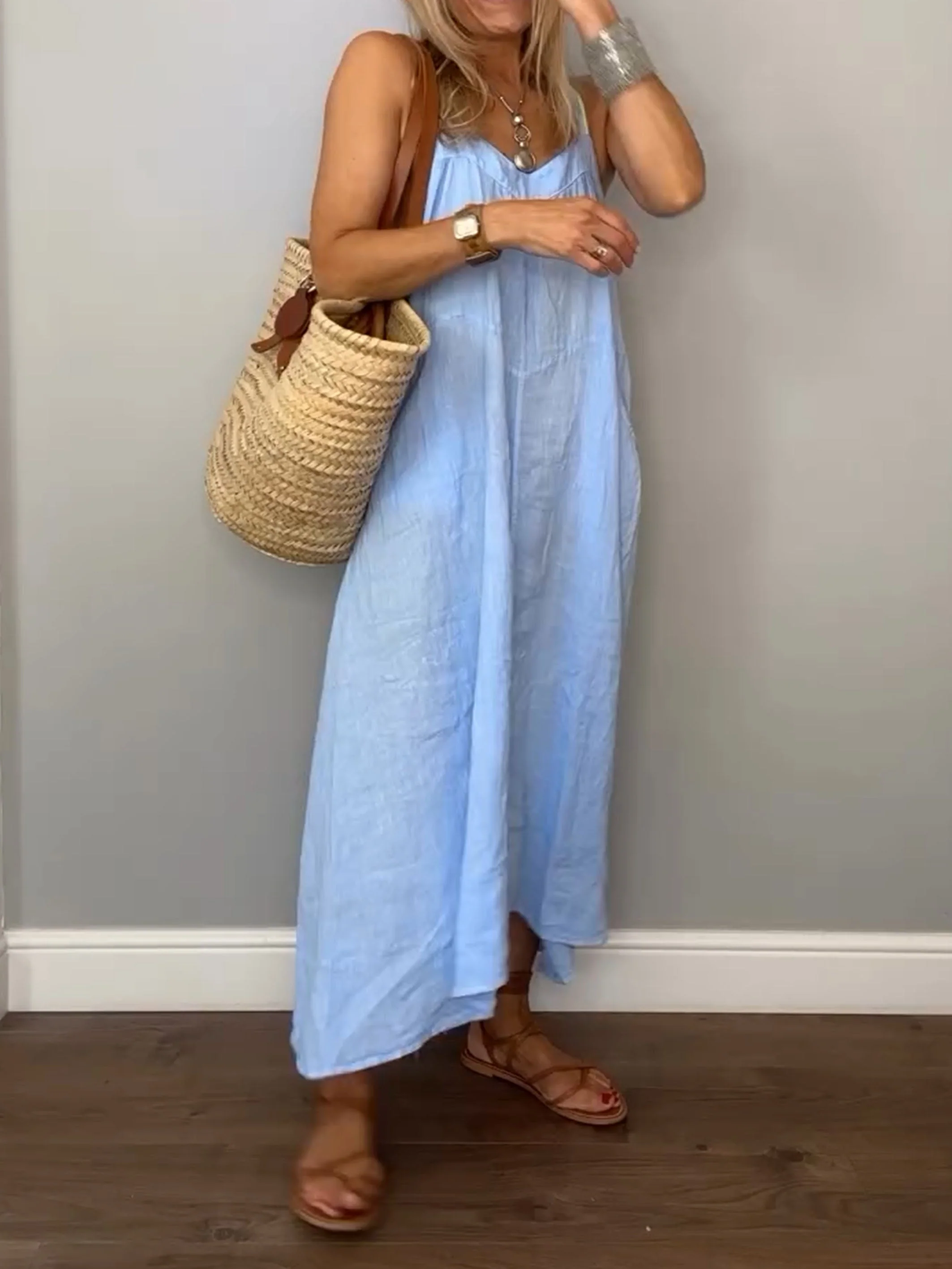 Women Solid Cotton and Linen Slip Dress