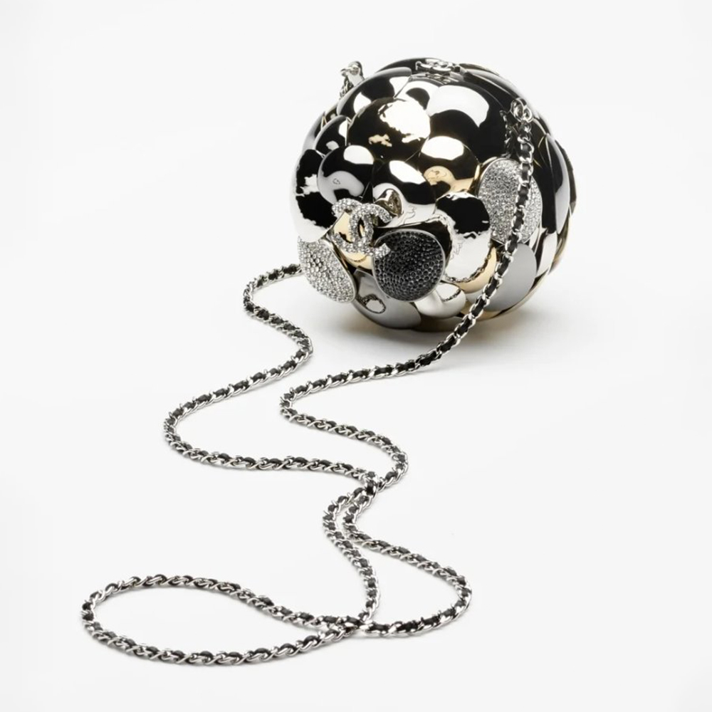 Chanel black Bag Chanel Silver and Gold Metal, Clear and Black Strass Crystal CC Camellia Ball Minaudière Clutch #396313 | Ni