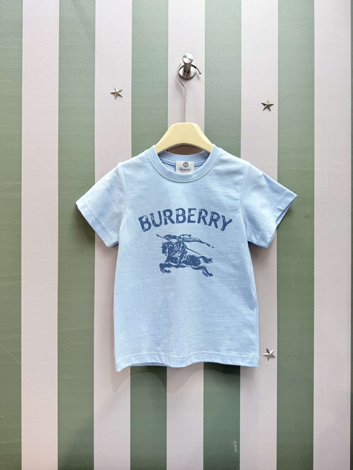 Burberry Unisex Kids Distressed Equestrian Knight Logo Short Sleeve Crew Neck Cotton T-Shirt Boys Girls Sizes 110-160 Light Blue