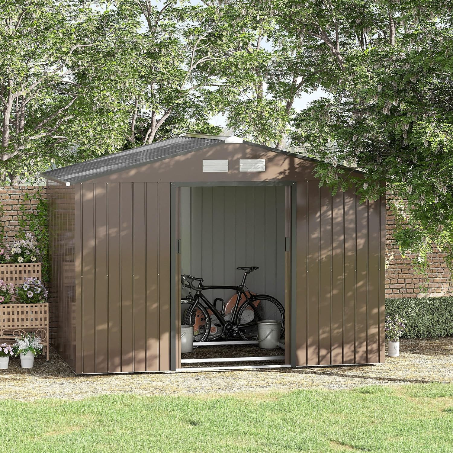 Outsunny 9 x 6ft Garden Metal Storage Shed, Outdoor Storage Tool House with Ventilation Slots, Floor Foundation and Lockable Double Doors