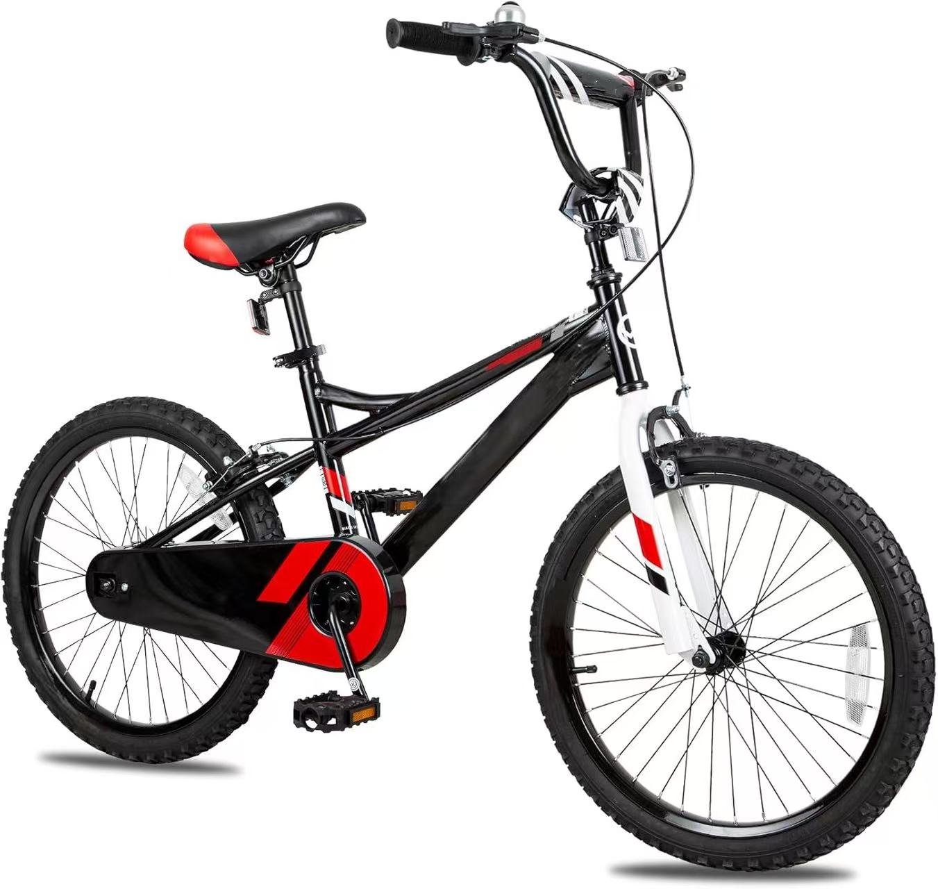 Black and red children's bike with training wheels and adjustable seat suitable for young riders learning to cycle.