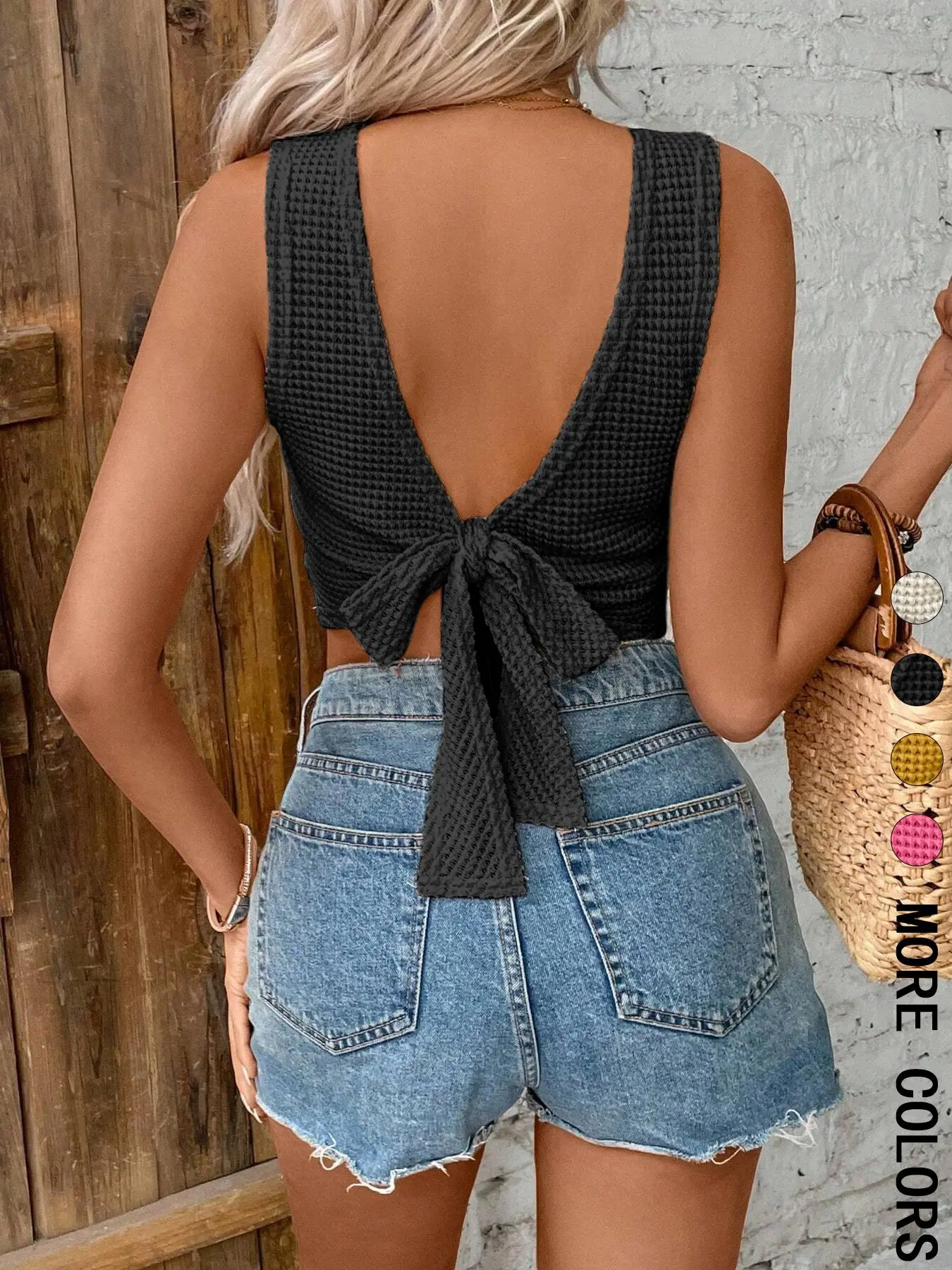 Women's Plain Tie-Back Waffle Knit Fitted Tank Top