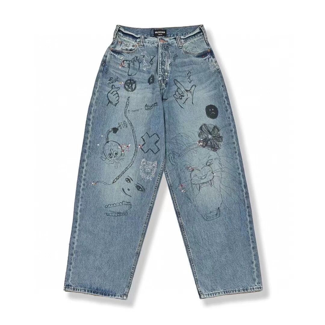 Balenciaga Graffiti Hand-painted Diamond Jeans #390255