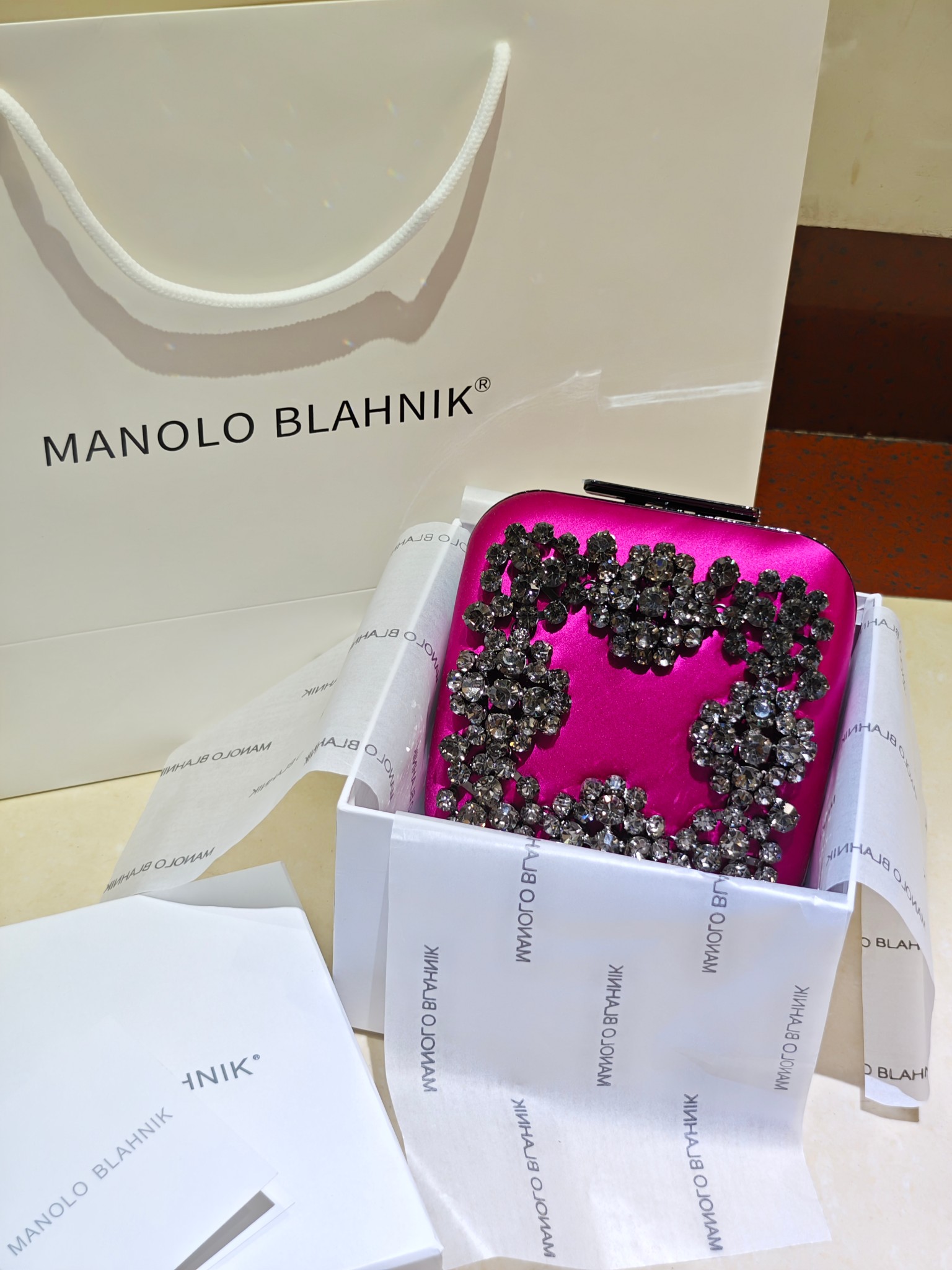 [TOP] MANOLO BLAHNIK Lace-patterned Square Bag 15.8*17*7.3cm - Pink - 711 Luxury