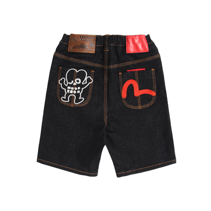 Evisu Unisex Kids Dark Indigo Denim Shorts Red Seagull Cartoon Embroidery Boys Girls Sizes 90-160