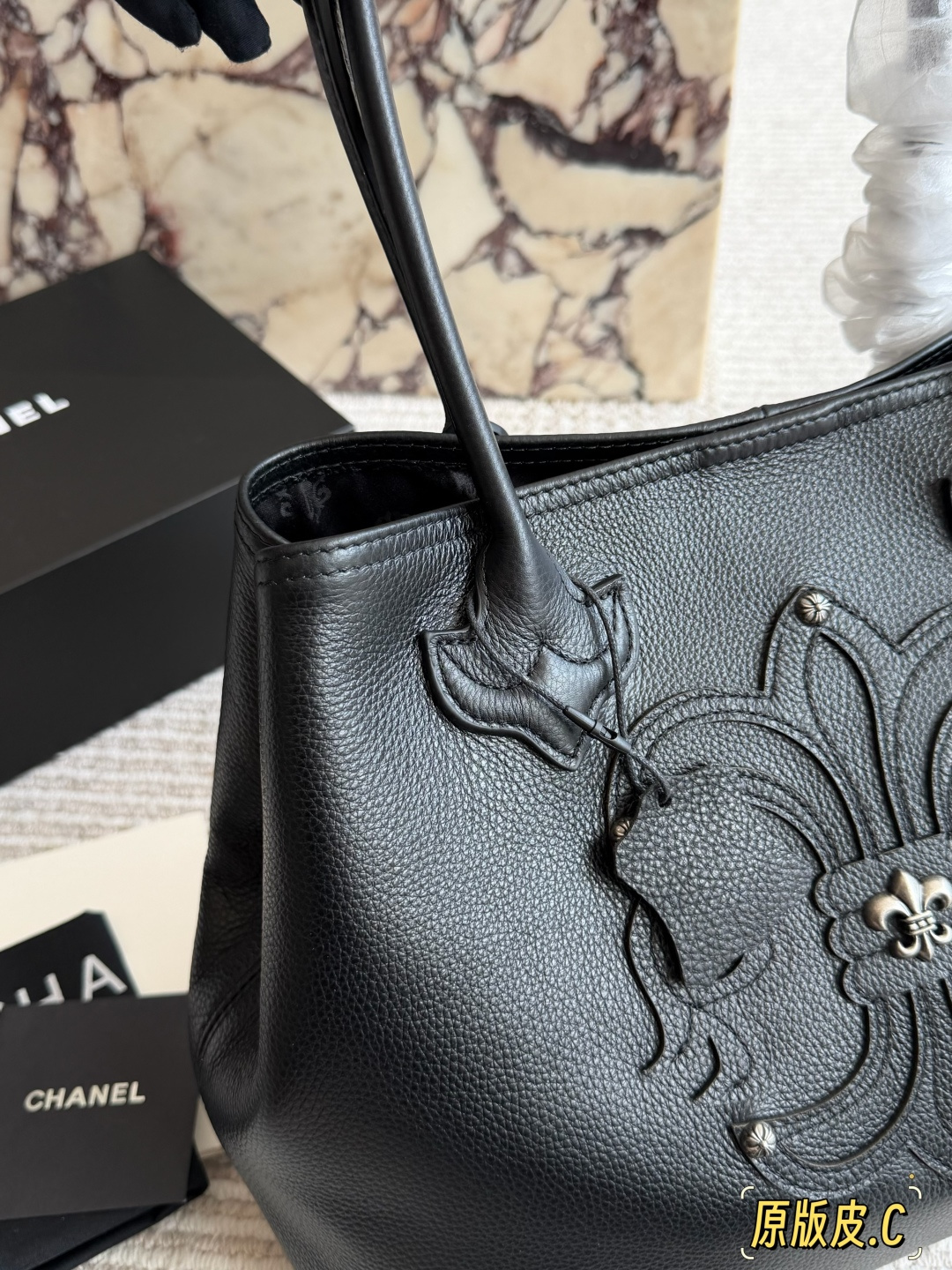 CHANEL Black Leather Embossed Logo Top Handle Handbag (Replica)