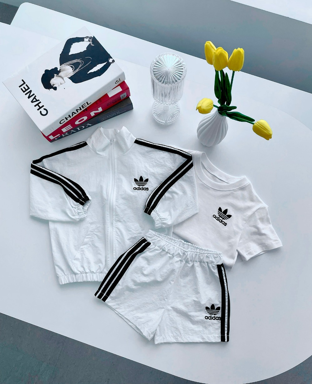 Adidas Kids 3Pcs Sun Protection Tracksuit For Boys Girls Striped Zipper Jacket Tee & Shorts Sizes 80-130
