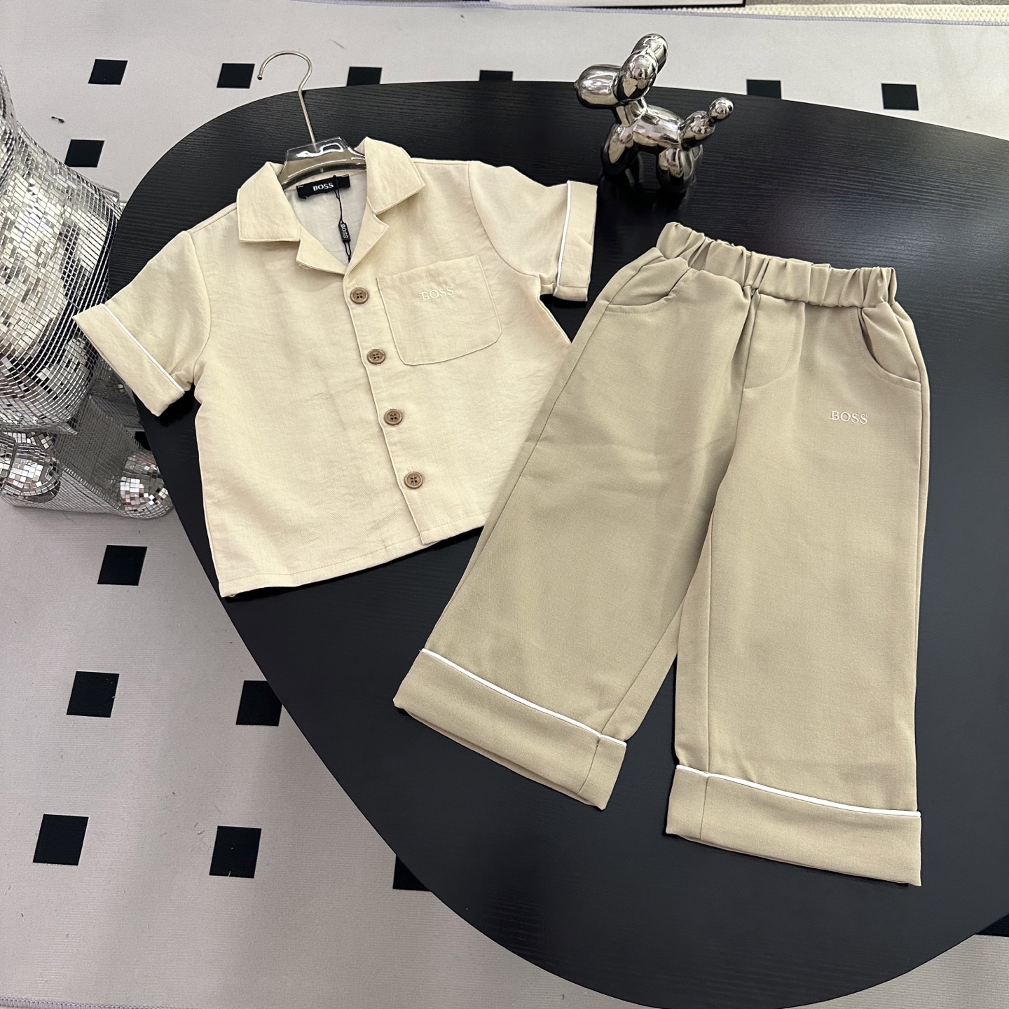 Boss Unisex Kids Khaki Lapel Short Sleeve Button Shirt & Cuffed Straight Long Pants Set Boys Girls Sizes 90-150