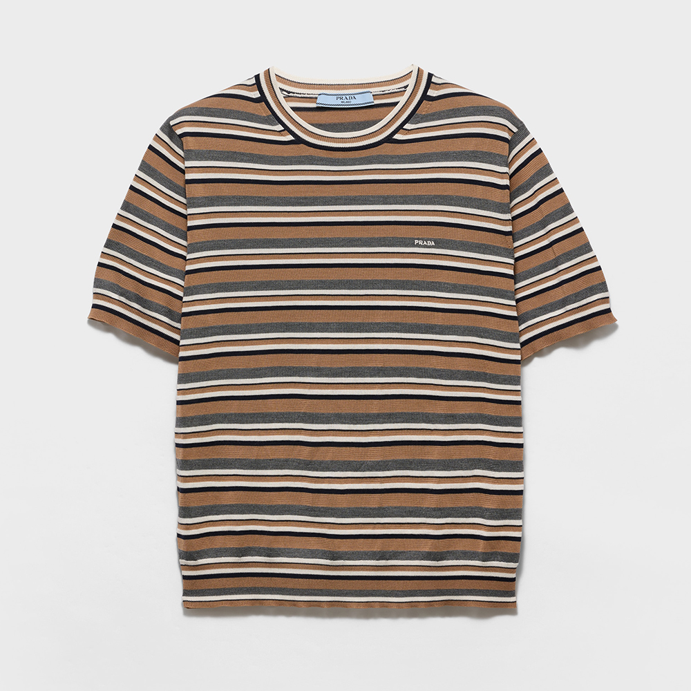 Prada brown Clothing PRADA Camel Brown Slate Gray Short-sleeved Striped Jersey T-shirt #388459 | Nigo Office
