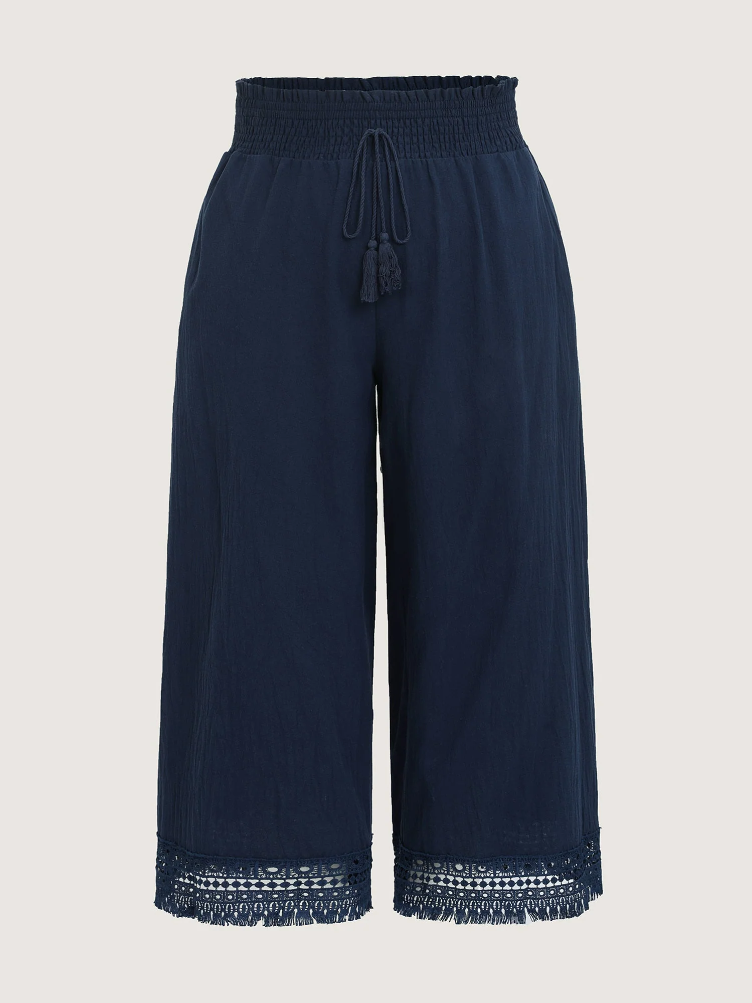 Cotton Wide Shirred Waistband Lace Hem Pants