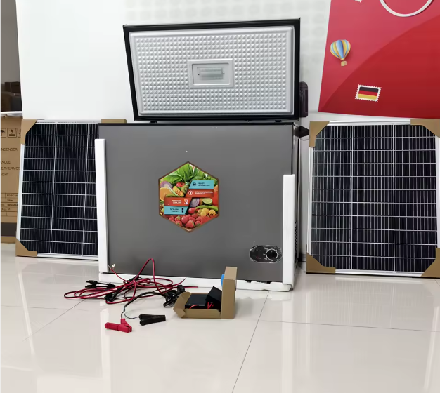 Solar-powered freezer with solar panels and battery