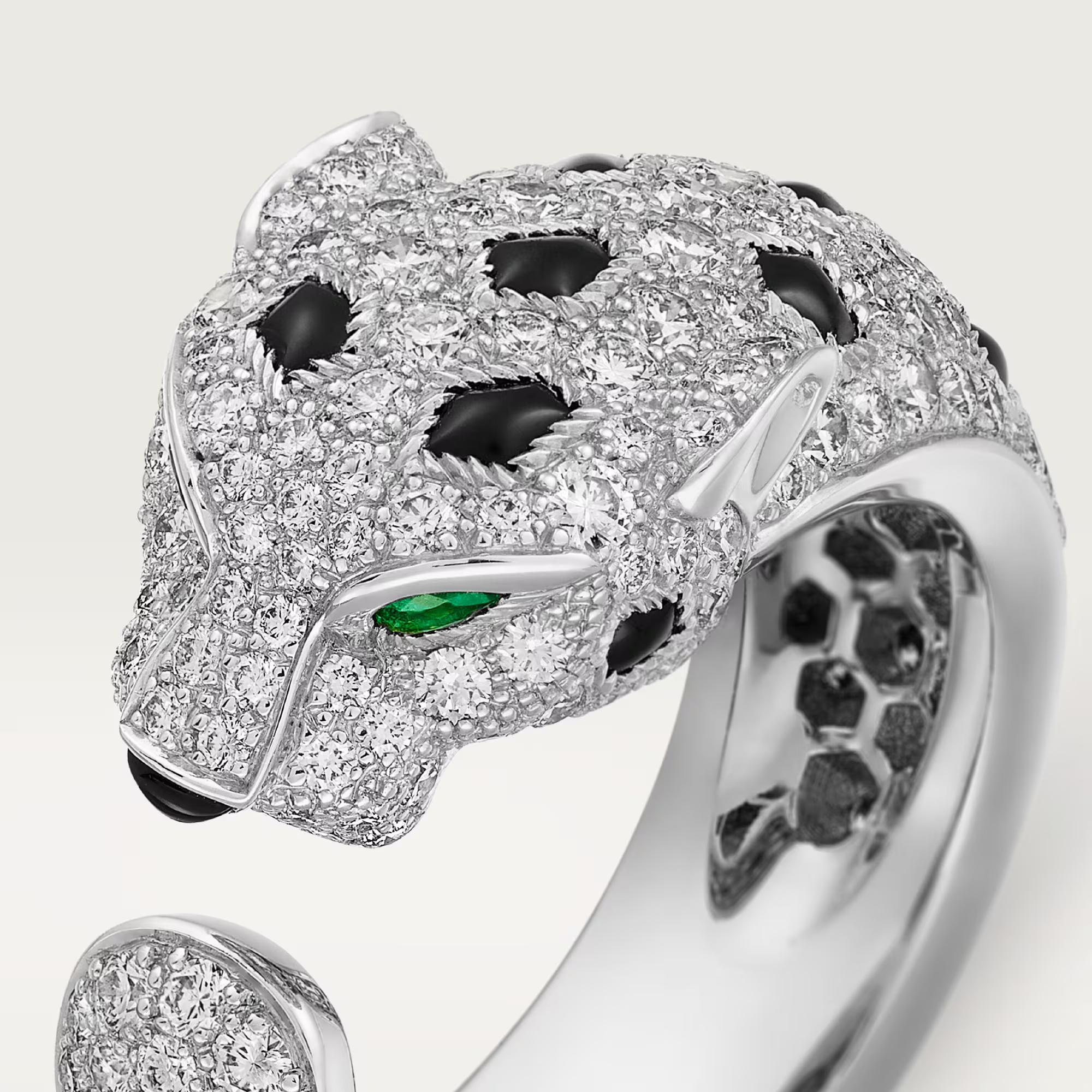 Carty Panther Motif Ring, White Gold, Medium Model, Half-Paved