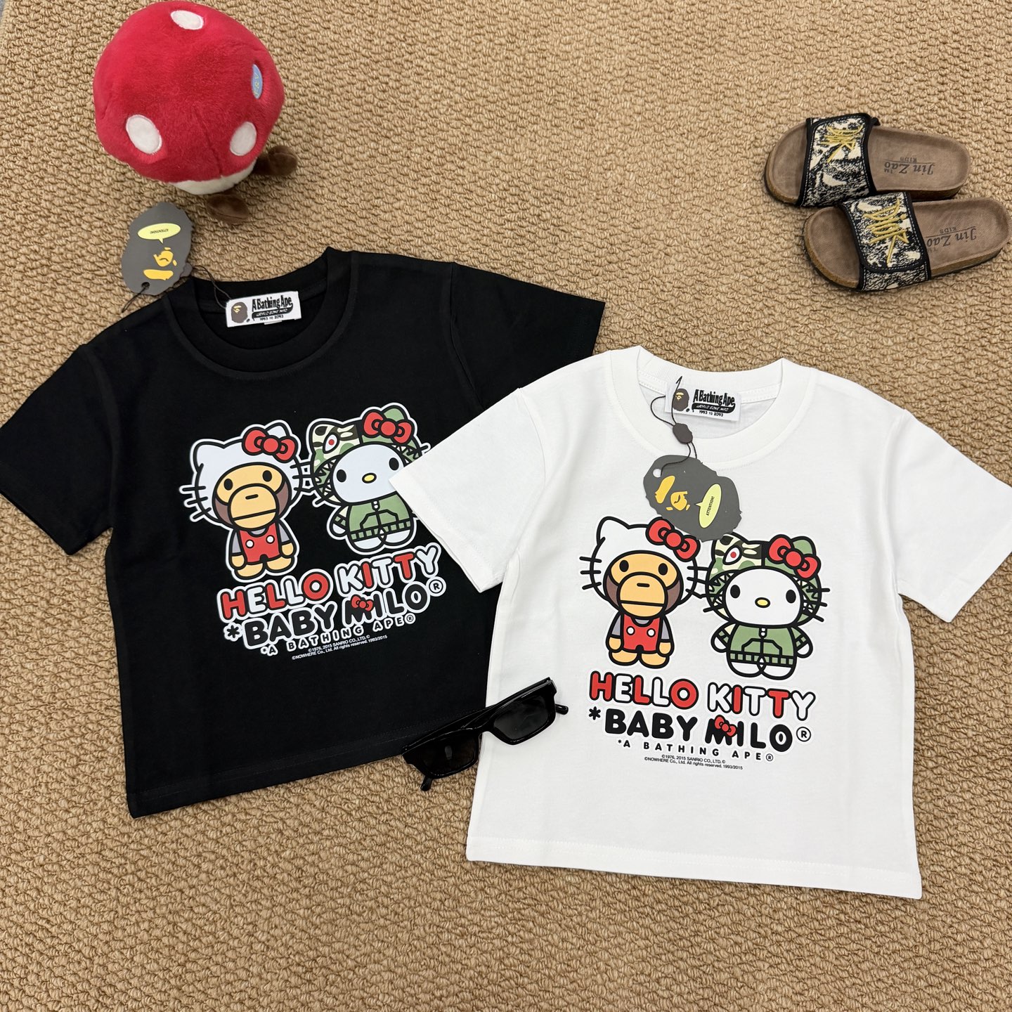 Bape Unisex Kids Black White Hello Kitty Baby Milo Collaborative Graphic Short Sleeve T-Shirt Boys Girls Sizes 90-150