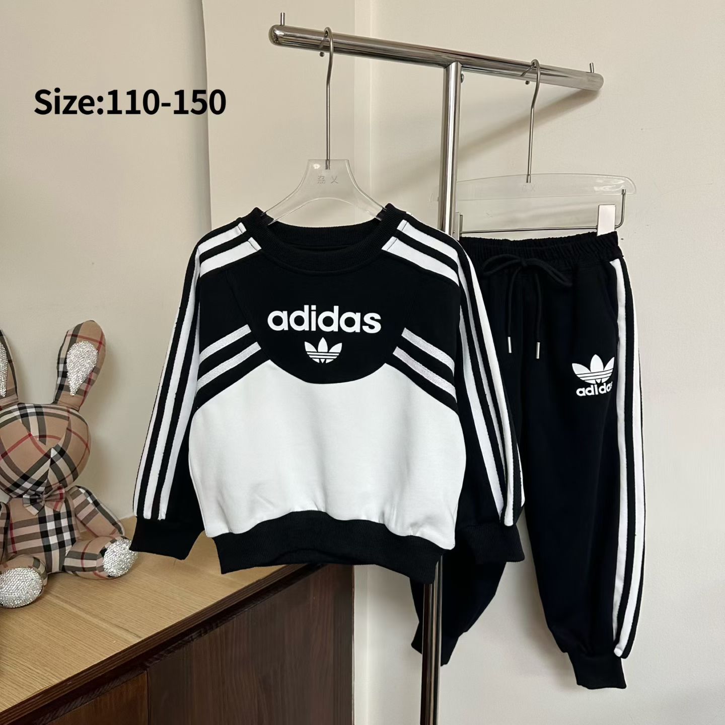 Adidas Unisex Kids Black White Color Block 3 Stripe Crewneck Sweatshirt & Cuffed Jogger Pants Two Piece Tracksuit Boys Girls Sizes 110-150