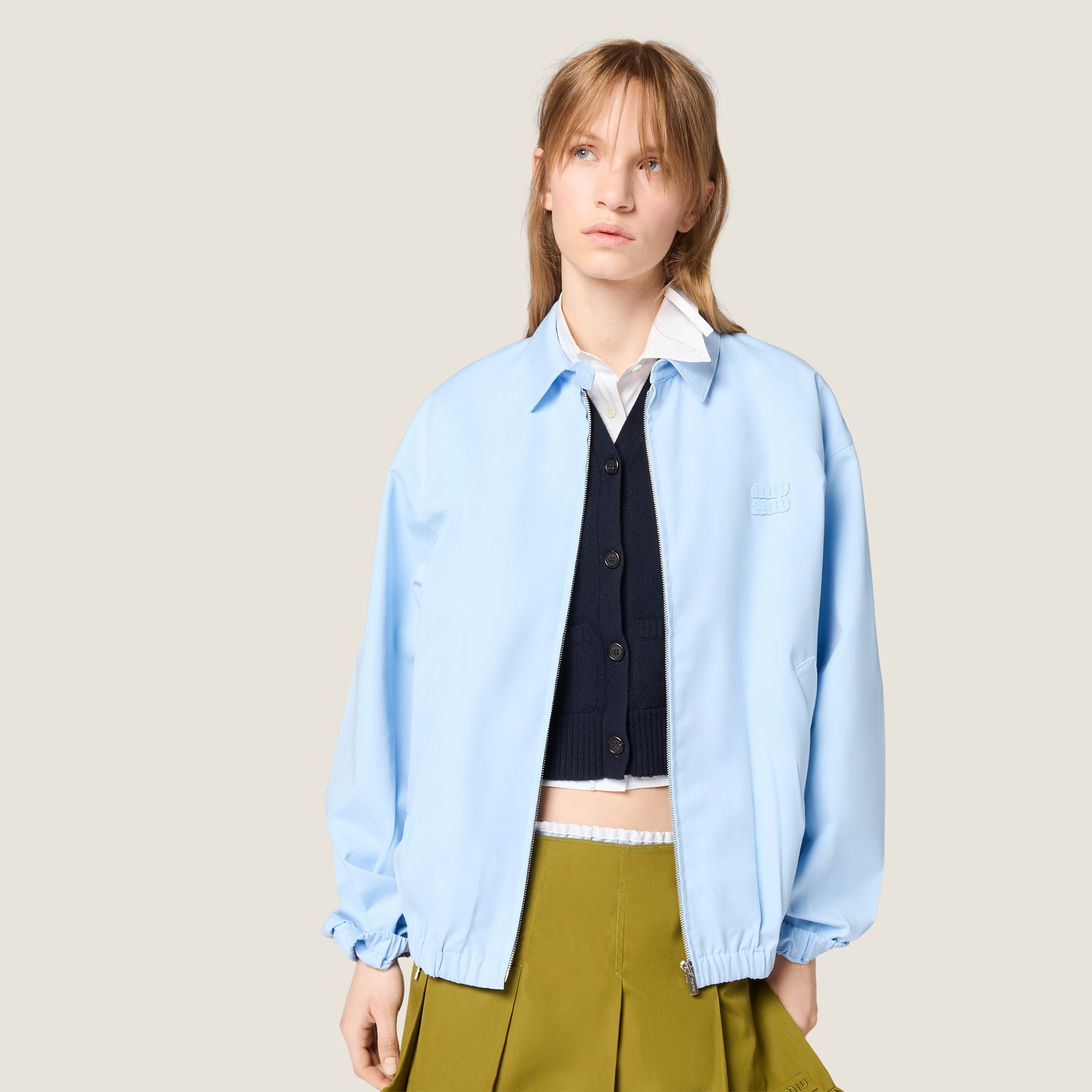Designer blue Clothing MiuMiu Sapphire Blue Poplin Blouson Jacket #378655 View 2 | Nigo Office