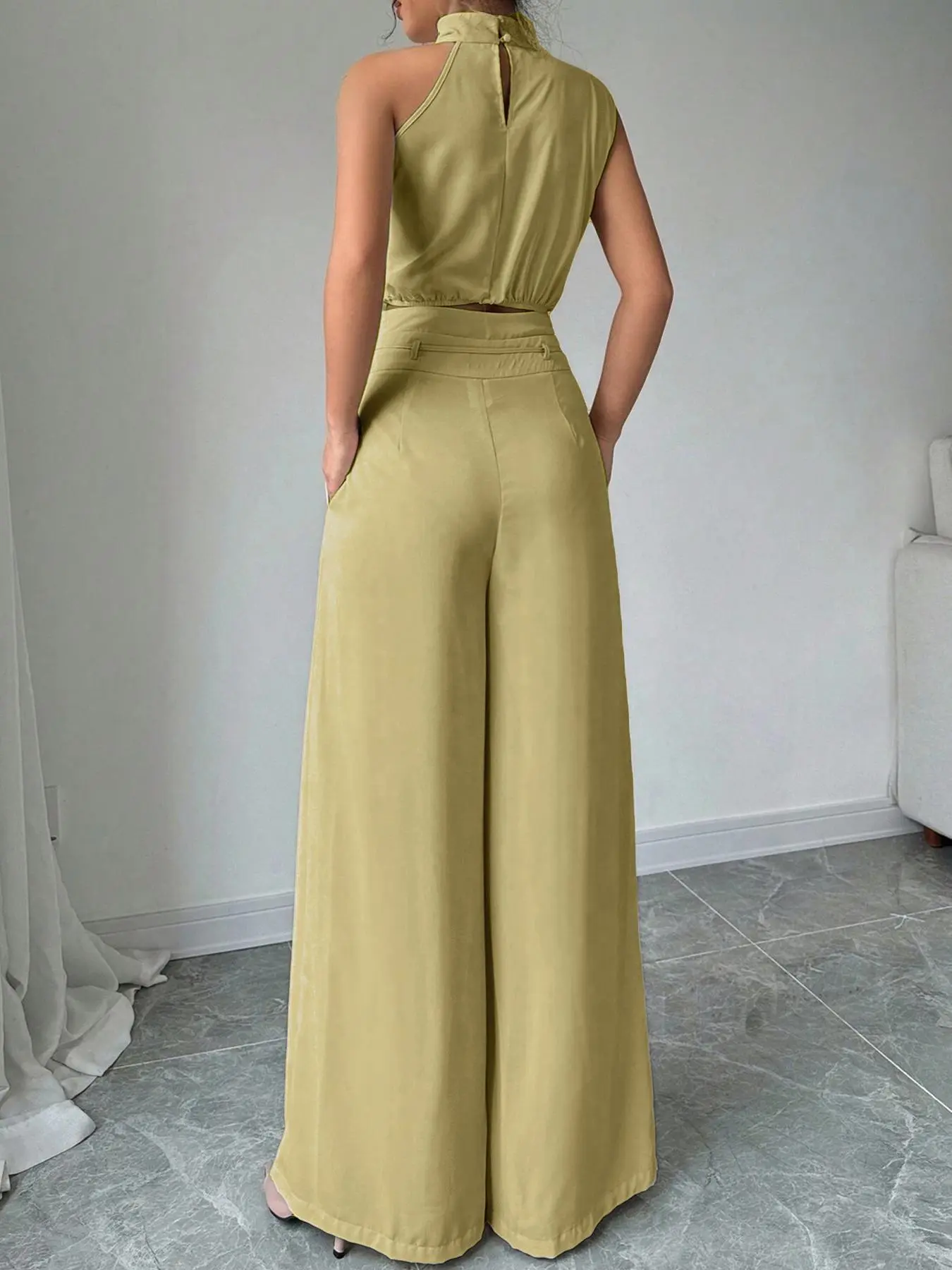 Women's Elegant Two-Piece Set, Irregular Crop Top & Wide-Leg Pants