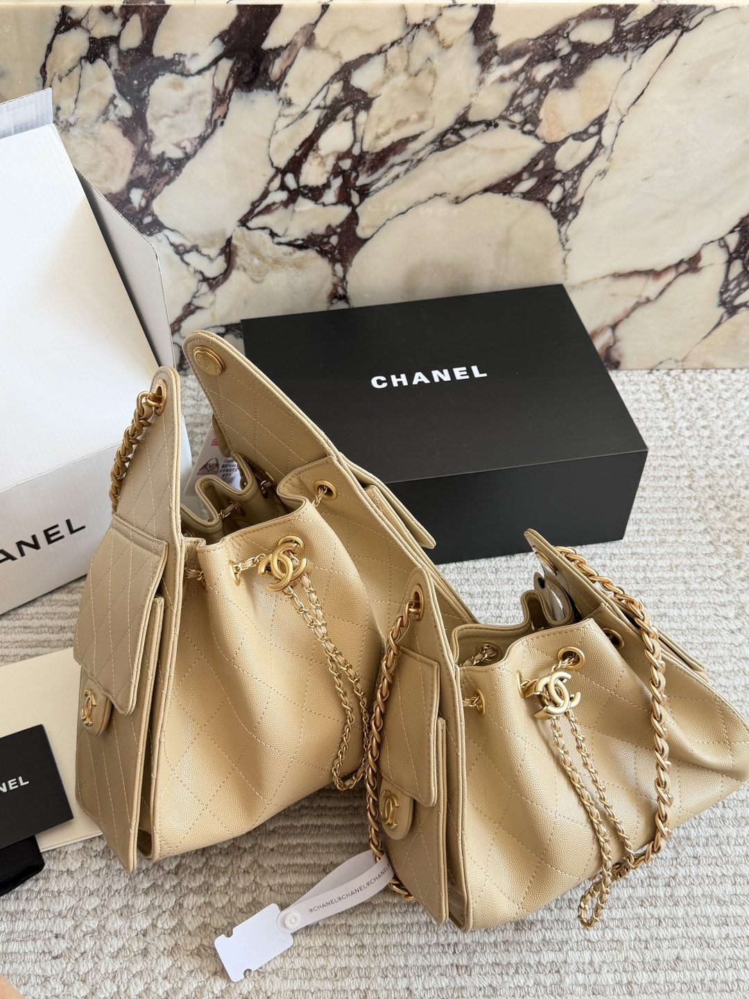 Chanel Beige Quilted Hobo Bag with Gold-Tone Hardware (Replica)