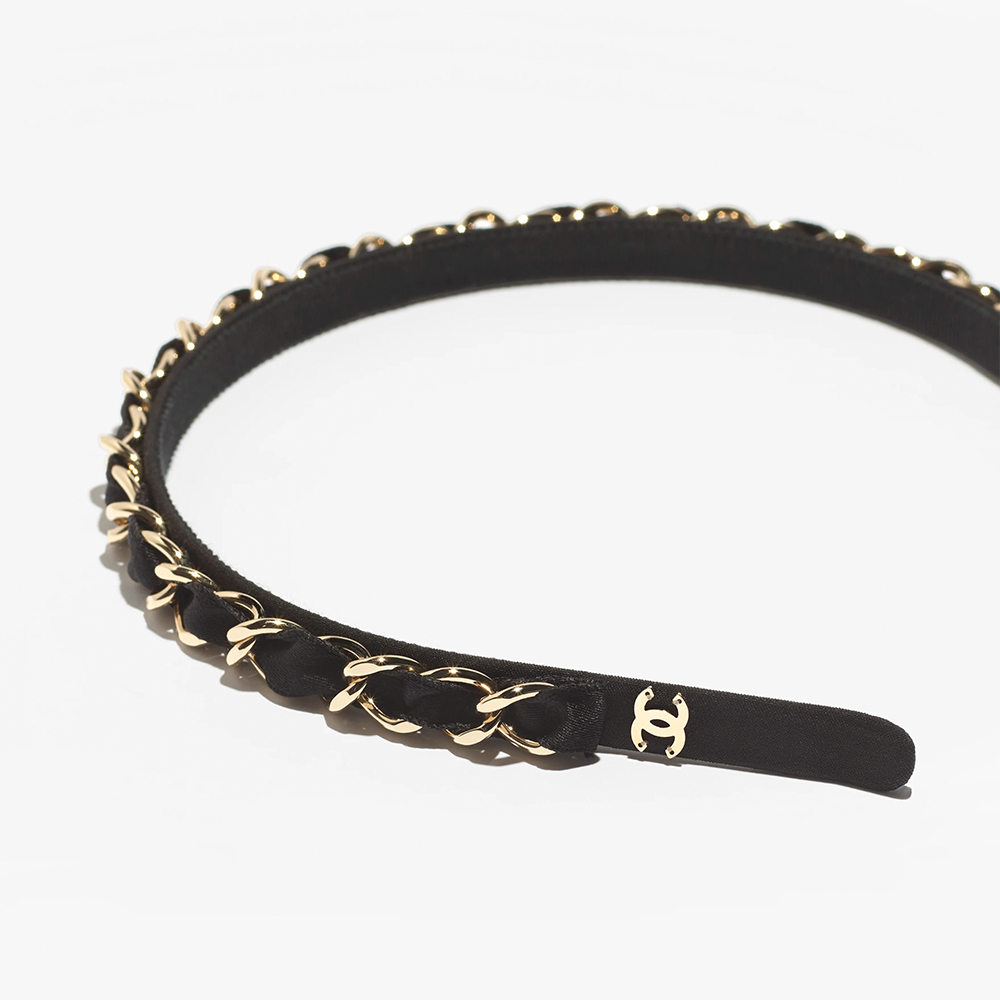 Chanel Headband Silk Metal Black Light Gold#384863