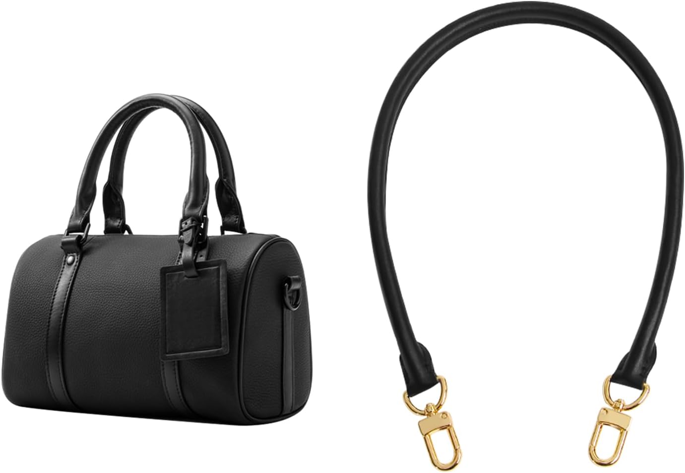 jiesinlov 27.5inches Vachetta Leather Shoulder Rolled Short Strap Replacement,Bags Strap for Soft Lucky Speedy 25 30 Handbags (Black-Gold)