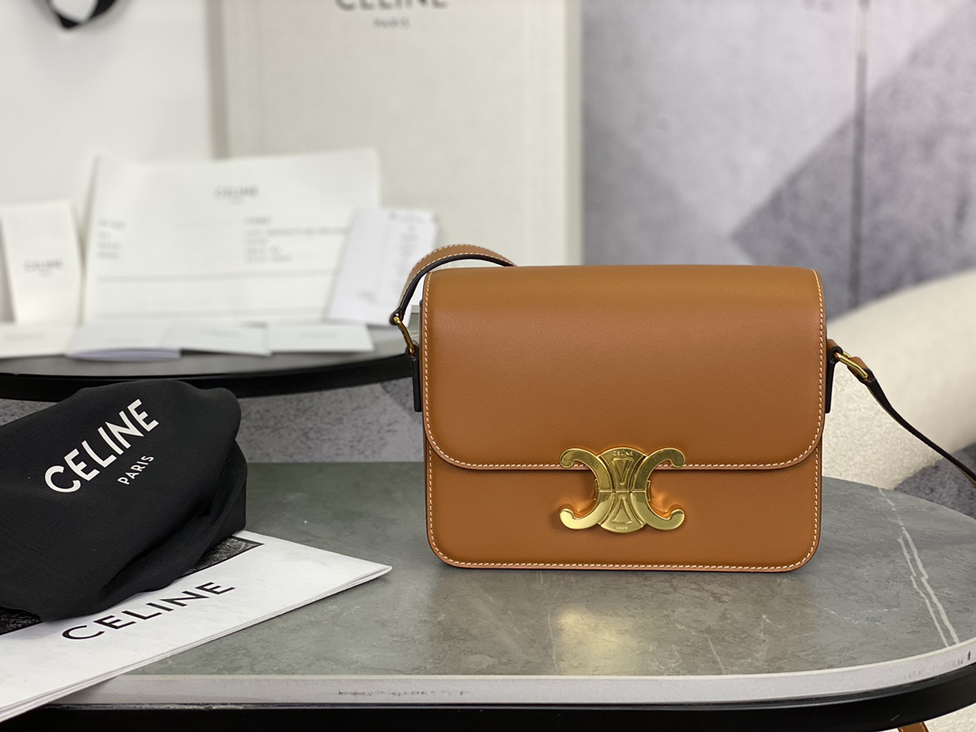 [TOP] CELINE Triomphe Bag Box Leather 18.5x14x6cm - Brown - 711 Luxury