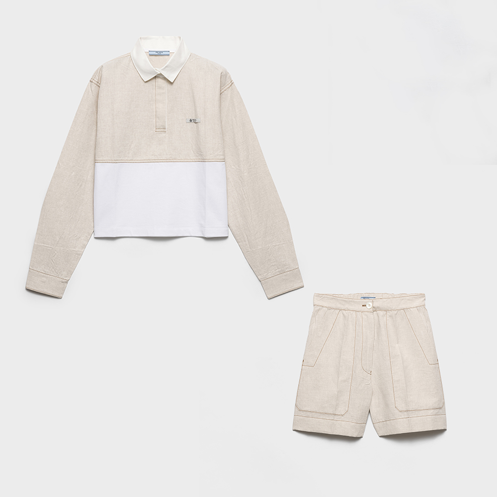 PRADA Ecru white Chambray And Jersey Polo Shirt Shorts #386723