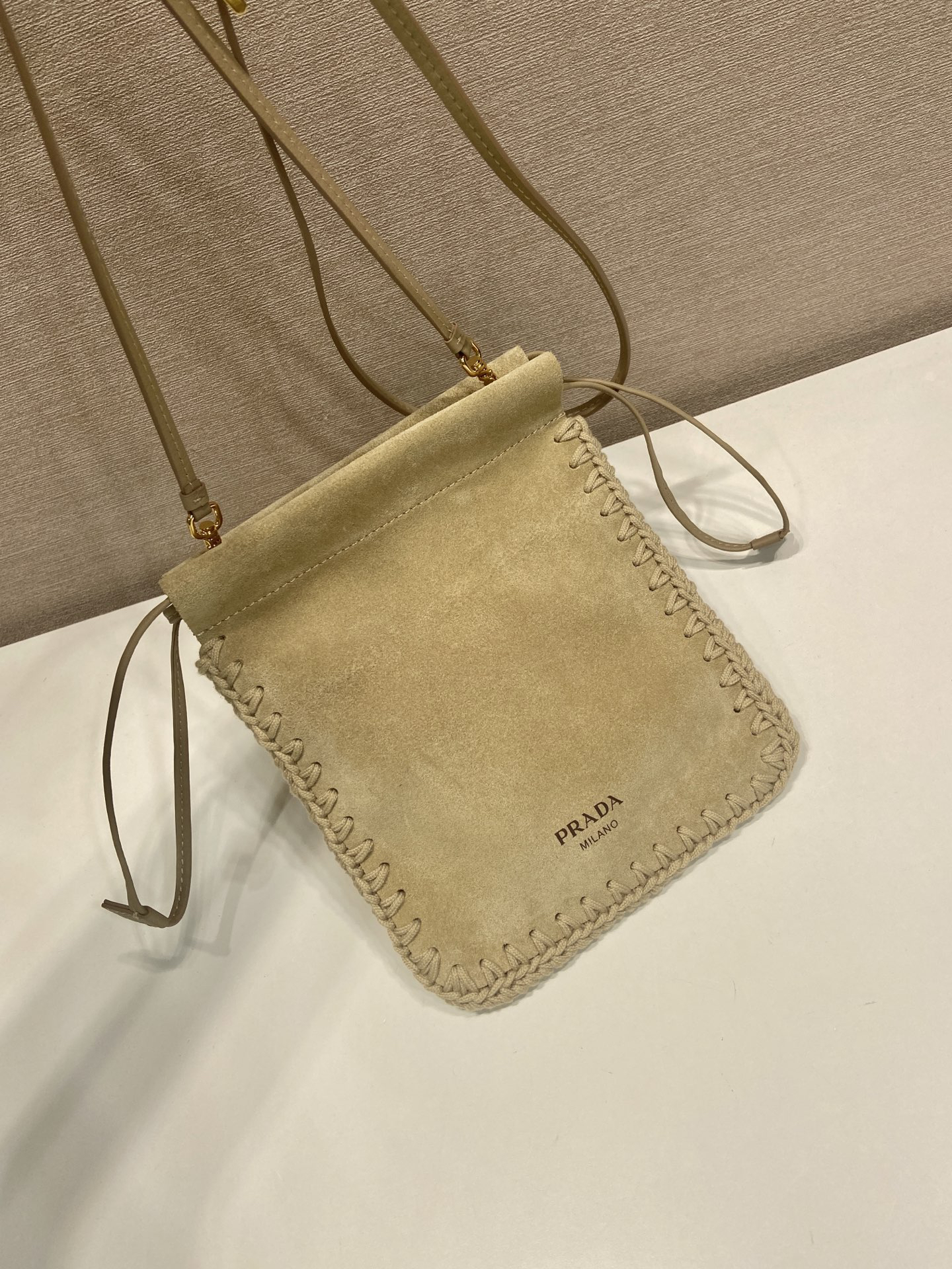 [TOP] PRADA Knitted Suede Bag 17.5x22cm - Khaki - 711 Luxury