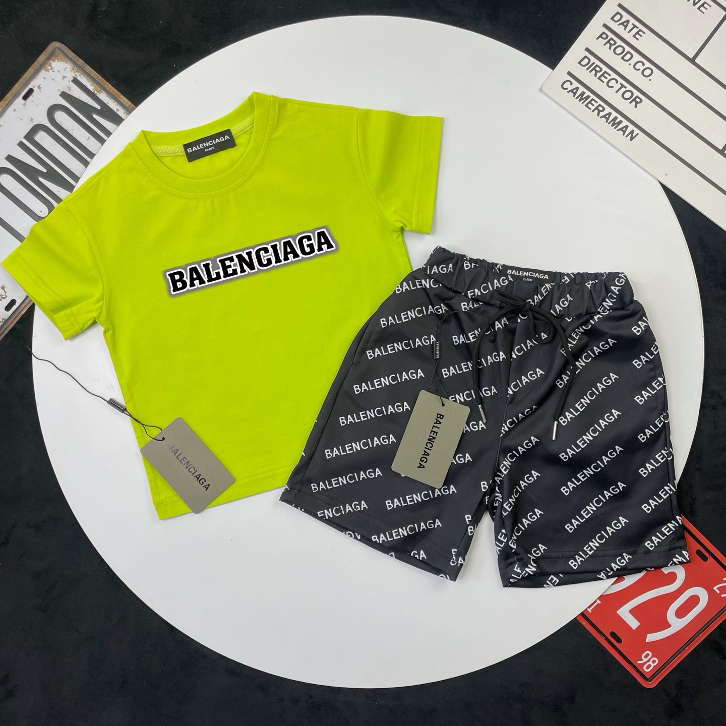 Balenciaga Unisex Kids Fluorescent Lime Black Shadow Border Logo Short Sleeve T-Shirt & Black All Over Letter Print Casual Shorts 2 Piece Set Boys Girls Sizes 90-150