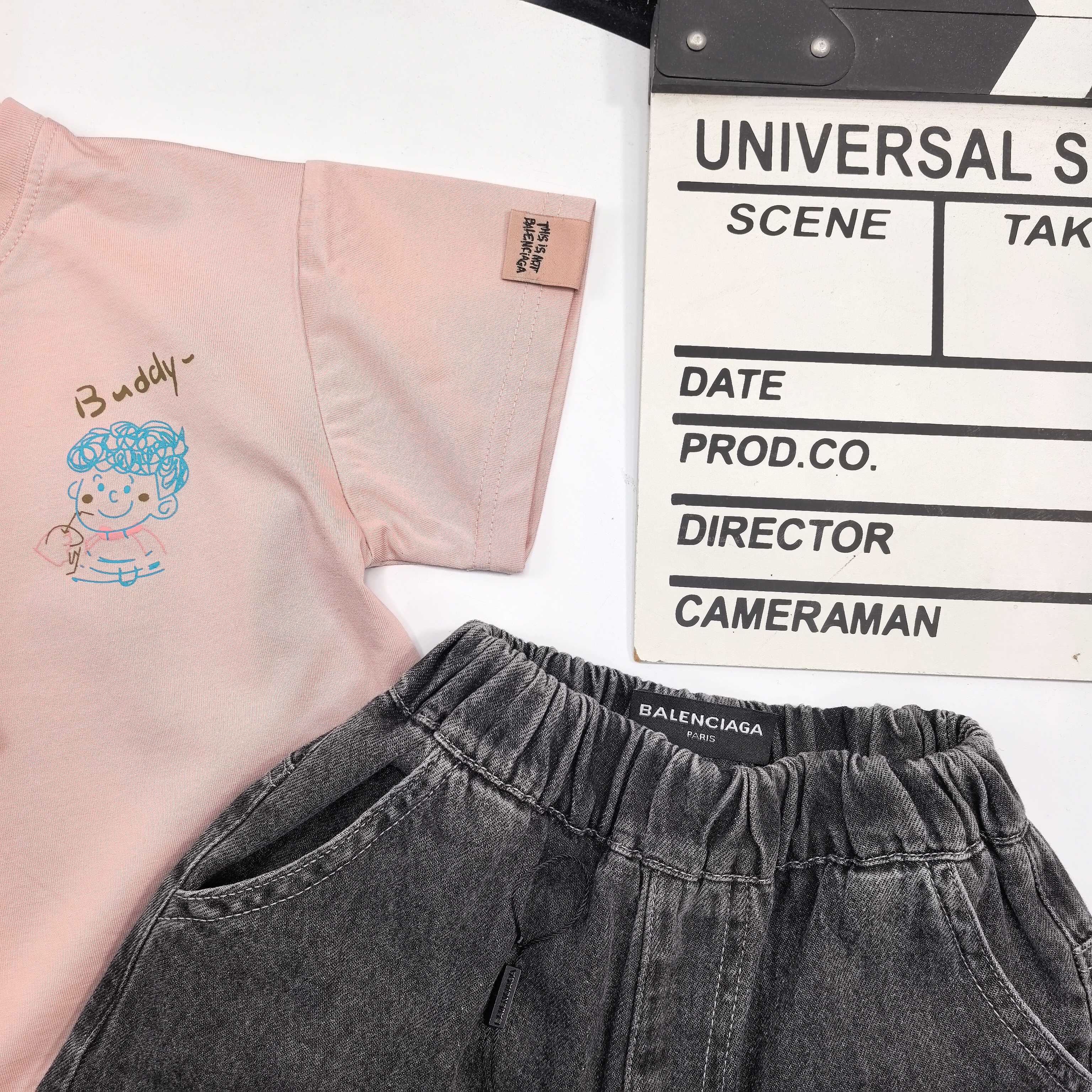 Balenciaga Unisex Kids Front Back Graffiti Cartoon Print Short Sleeve T-Shirt & Washed Denim Shorts 2 Piece Outfit Boys Girls Sizes 90-150
