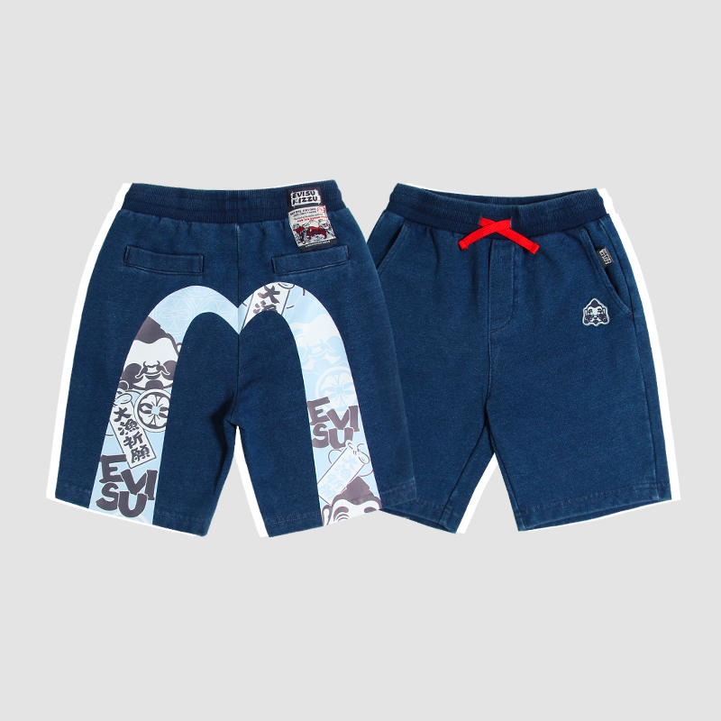 Evisu Unisex Kids Dark Blue French Terry Cotton Shorts Big Daruma Print Seagull Boys Girls Sizes 100-160