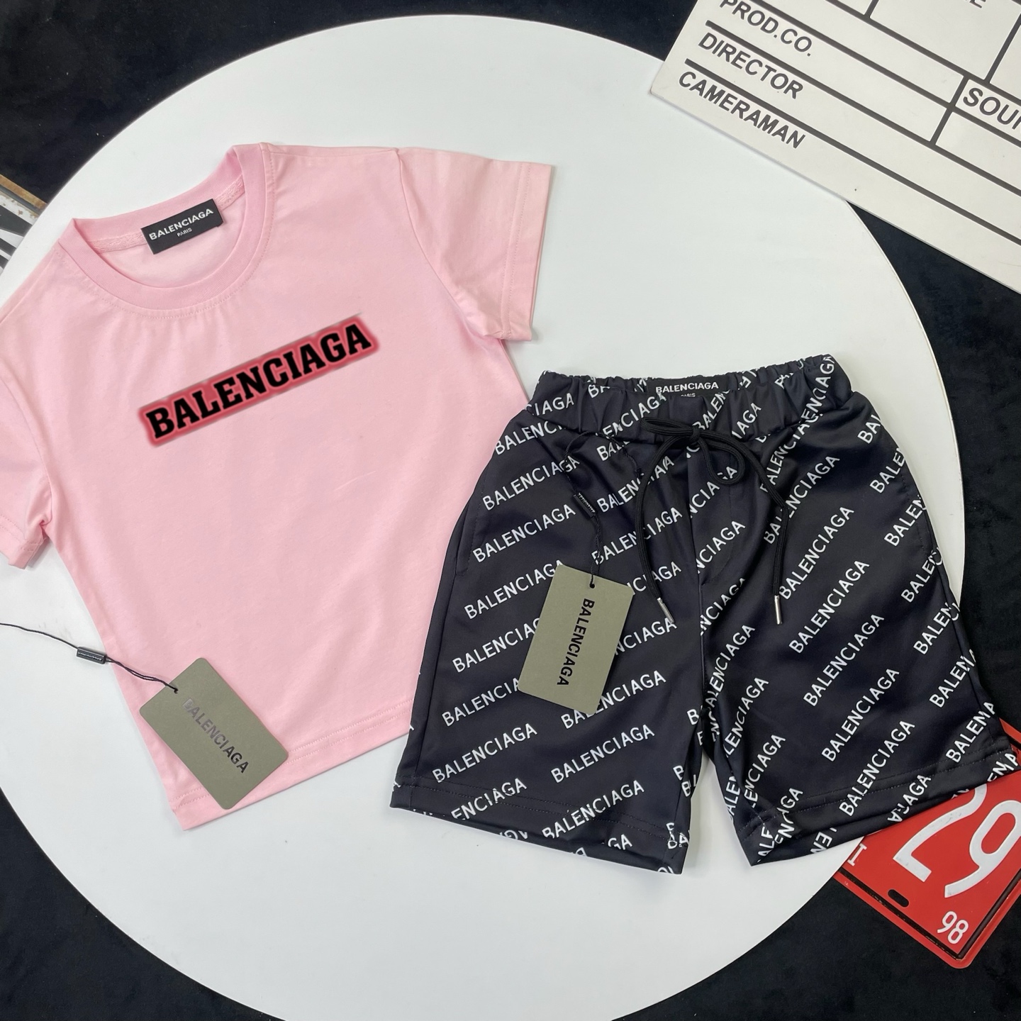 Balenciaga Unisex Kids Pink Red Glow Border Logo Short Sleeve T-Shirt & Black All Over Letter Print Casual Shorts 2 Piece Set Boys Girls Sizes 90-150