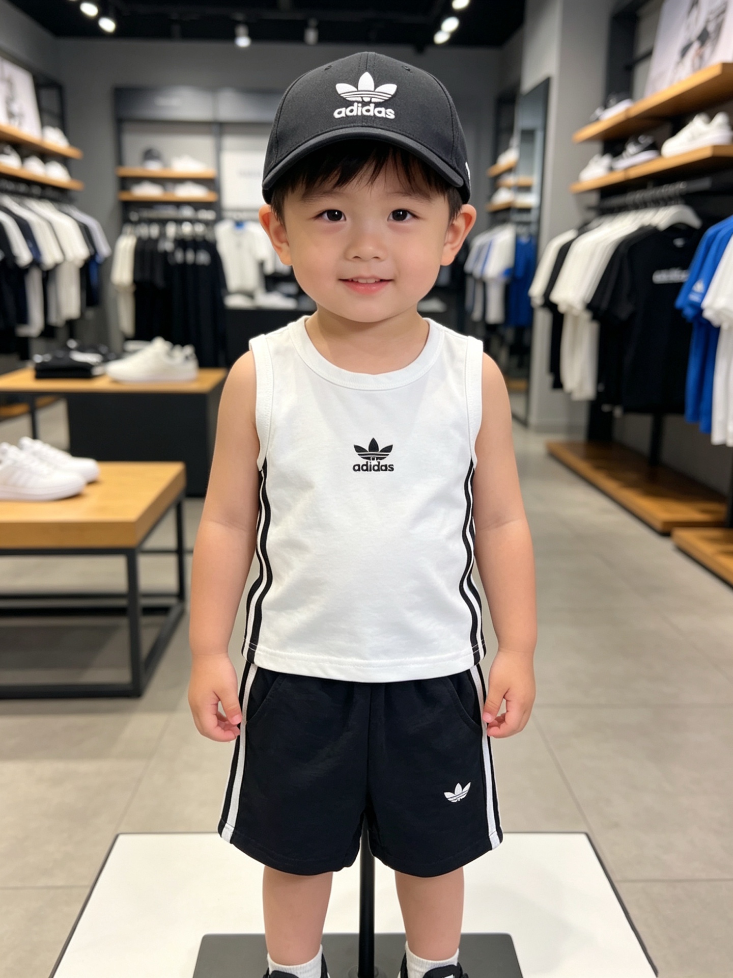 Adidas Kids 2Pcs Tank Top Tracksuit For Boys Girls Embroidered Trefoil Striped Vest & Quick Dry Shorts Sizes 80-130