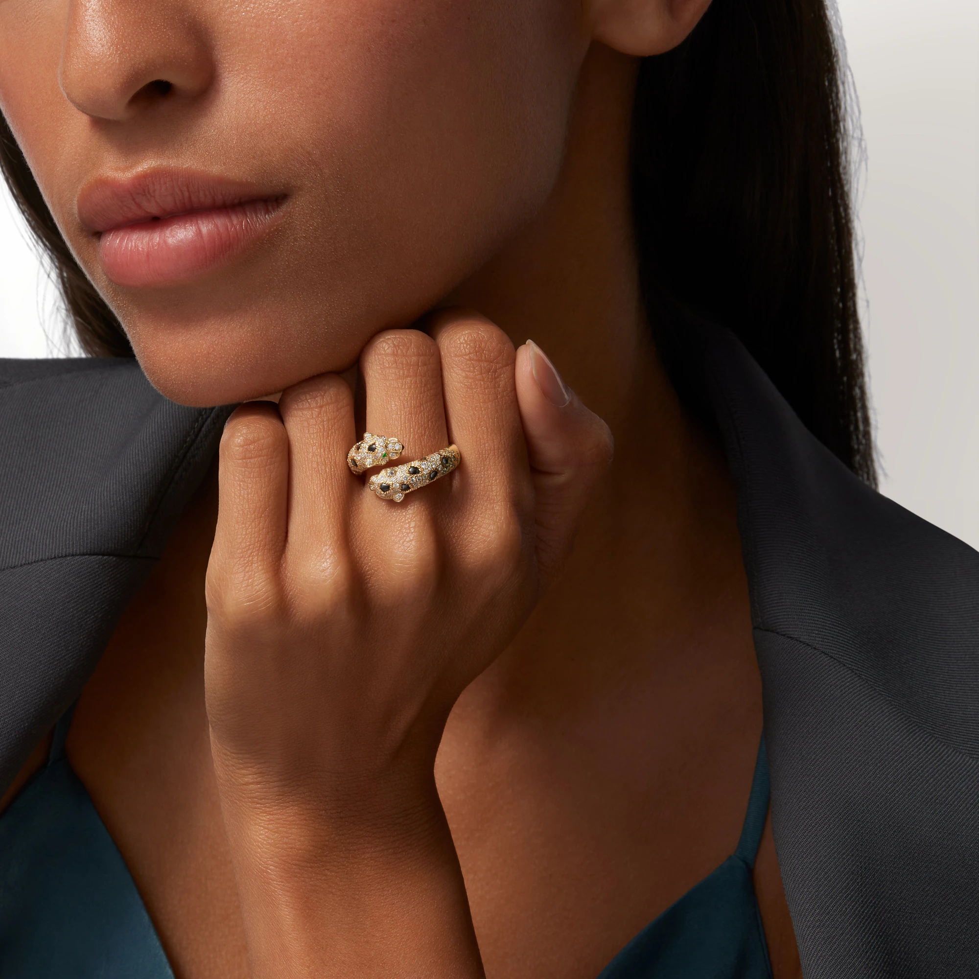 Carty Panther Motif Ring, Yellow Gold, Double Head ,Semi-Paved