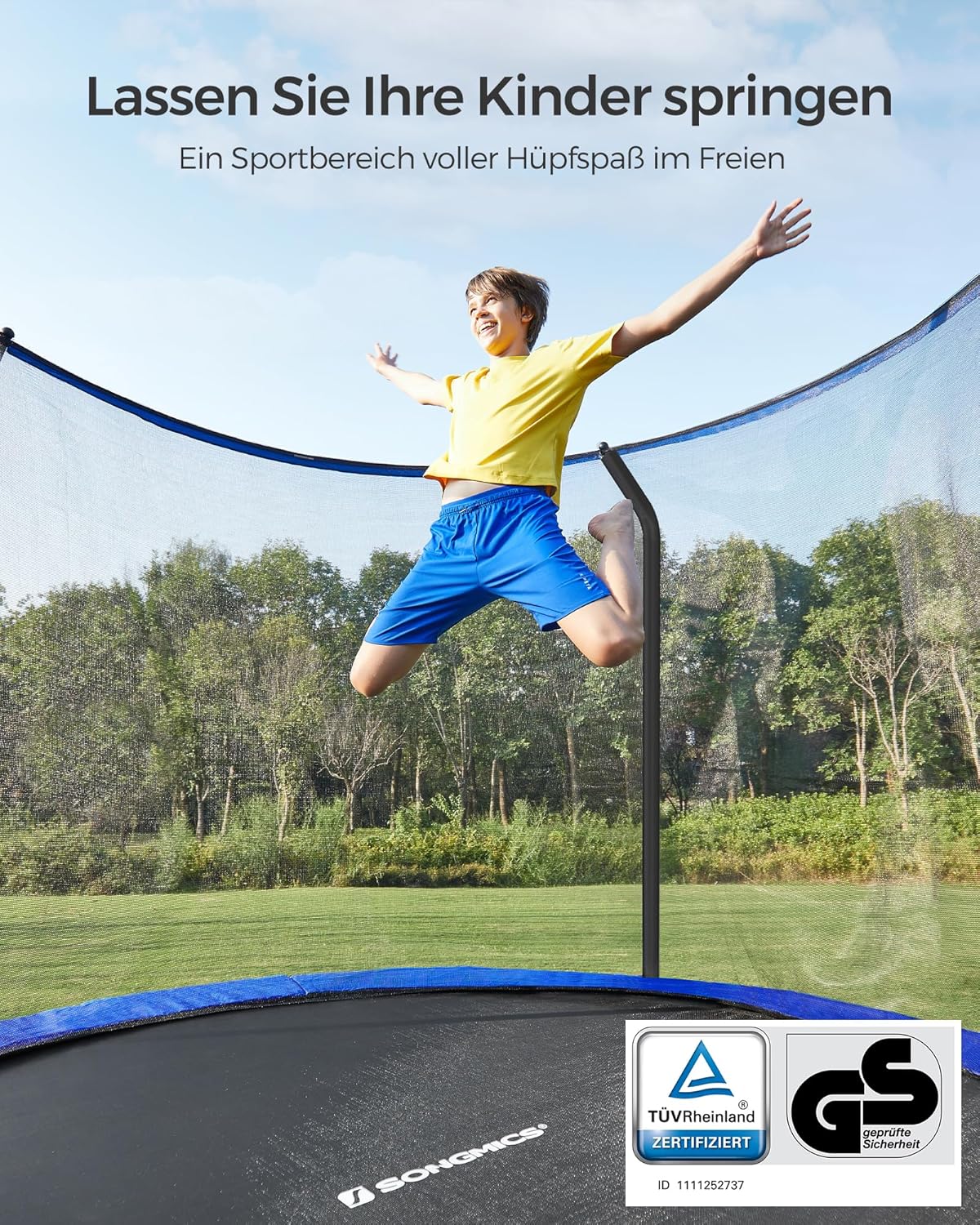 SONGMICS Trampolin Outdoor Ø 427 cm, rundes Gartentrampolin mit Sicherheitsnetz und Leiter, Randabdeckung, gepolstertes Gestell, für Kinder