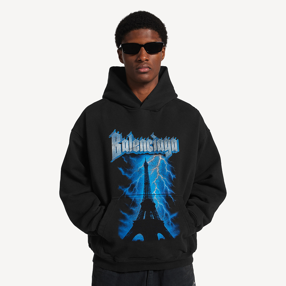 Balenciaga Clothing Balenciaga Paris Thunderstorm Medium Fit Hoodie #396443 View 2 | Nigo Office
