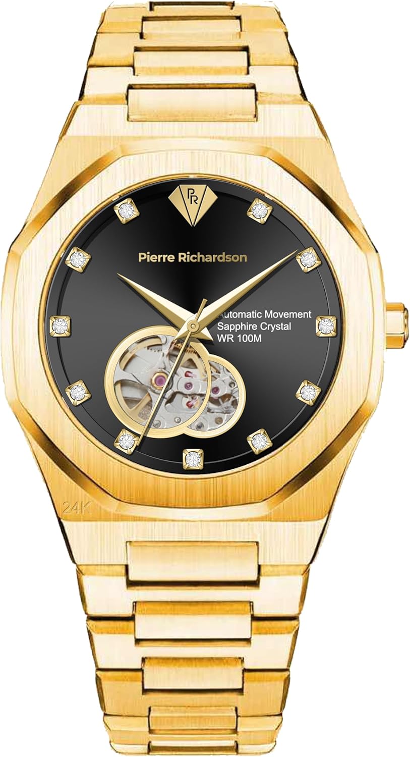 PIERRE RICHARDSON PR5922 Men’s Watch, Black Dial, 24K Pure Gold Plated, Automatic, Sapphire Glass, 41mm, 10ATM
