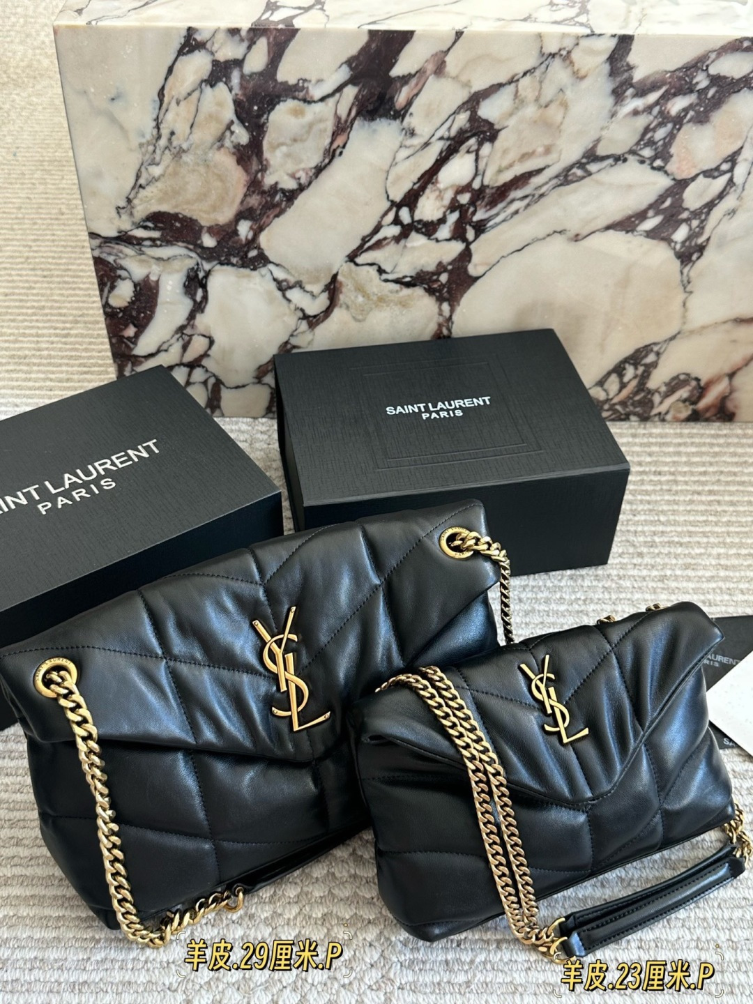 Saint Laurent LOULOU PUFFER Black Lambskin Quilted Bag with Gold Chain (Replica)