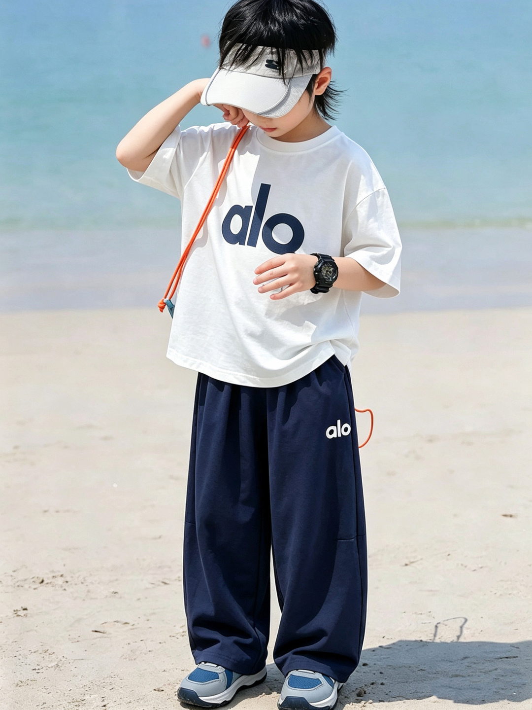Alo Kids Gift Box Set Big Logo Paper Feel Short Sleeve Tee & Nylon Quick Dry Balloon Pants For Boys Girls Lightweight Breathable Outfit Sizes 120-170