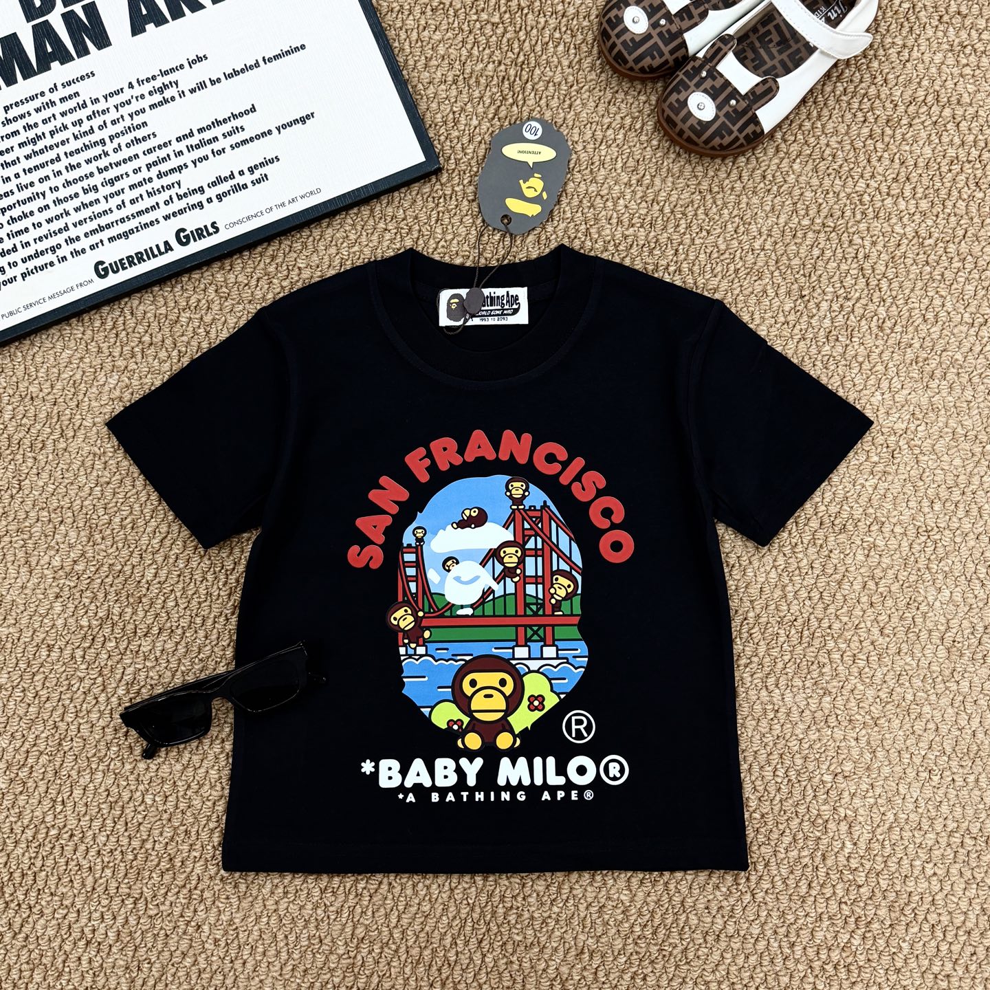 Bape Unisex Kids Black White San Francisco Golden Gate Bridge Baby Milo Graphic Short Sleeve T-Shirt Boys Girls Sizes 90-160