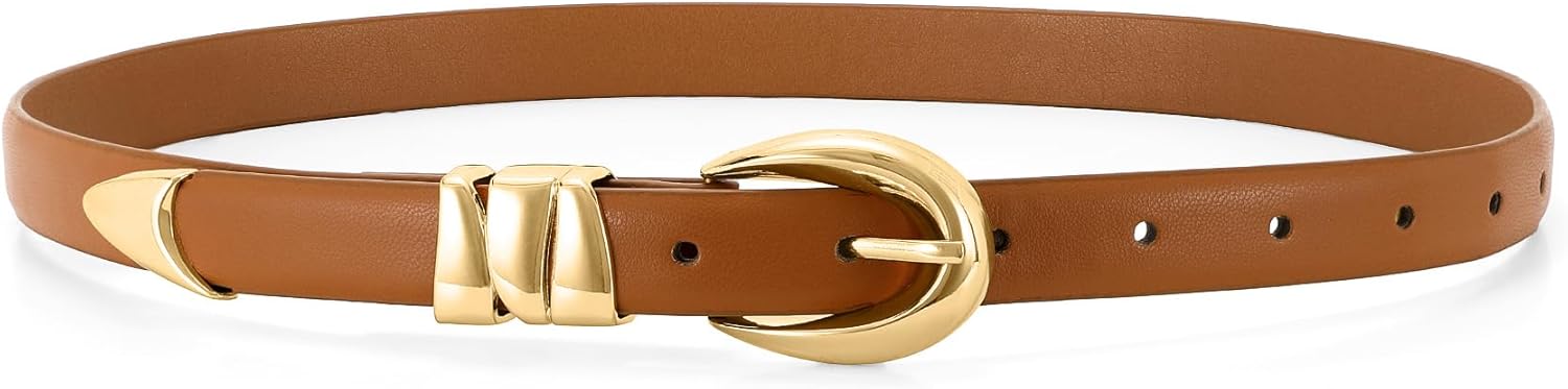 WHIPPY Women Skinny Leather Belt for Jeans Pants Dresses Ladies Fashion Waist Belt with Shiny Gold Buckle