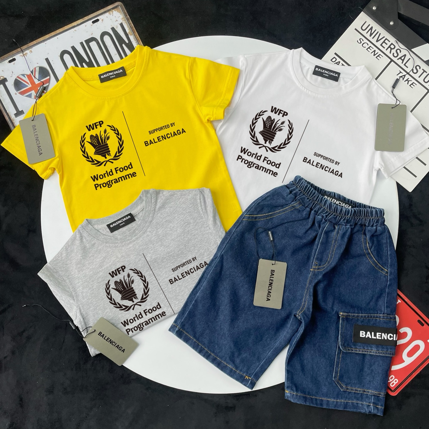 Balenciaga Unisex Kids White Yellow Gray WFP Wheat Wreath Print Short Sleeve T-Shirt & Blue Elastic Waist Cargo Denim Shorts 2 Piece Set Boys Girls Sizes 90-150