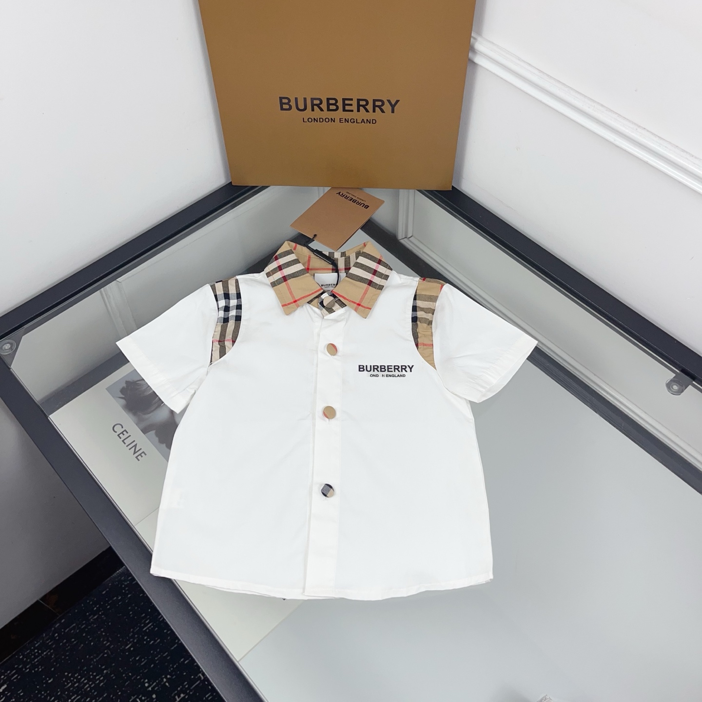 Burberry Unisex Kids White Vintage Check Collar Shoulder Patch Short Sleeve Shirt Boys Girls Sizes 90-150