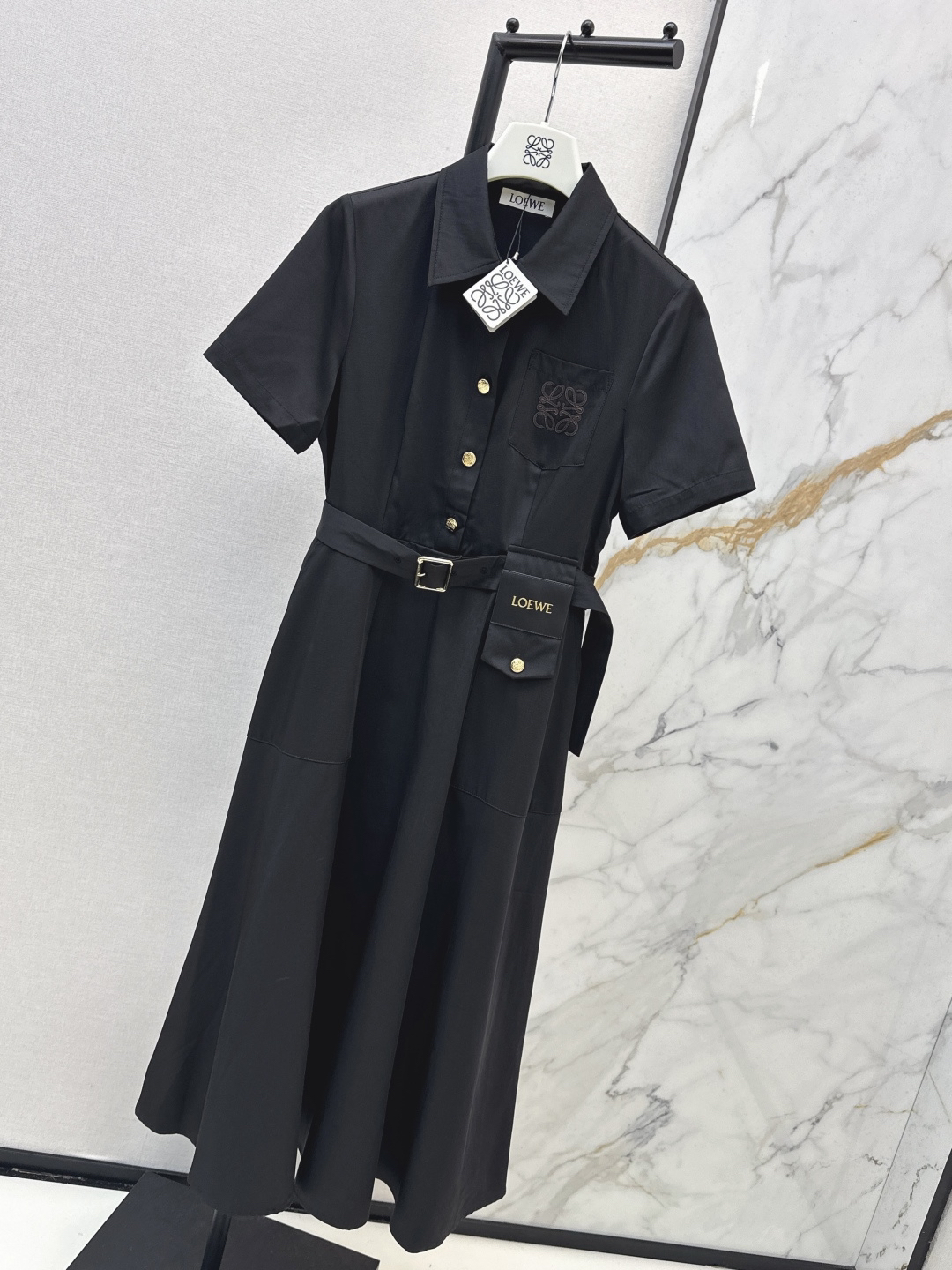 [TOP] LOEWE Short-Sleeve Logo Embroidered Long Dress - Black