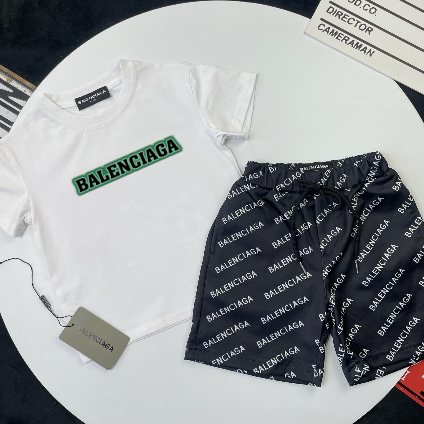 Balenciaga Unisex Kids White Green Border Logo Short Sleeve T-Shirt & Black All Over Letter Print Casual Shorts 2 Piece Outfit Boys Girls Sizes 90-150